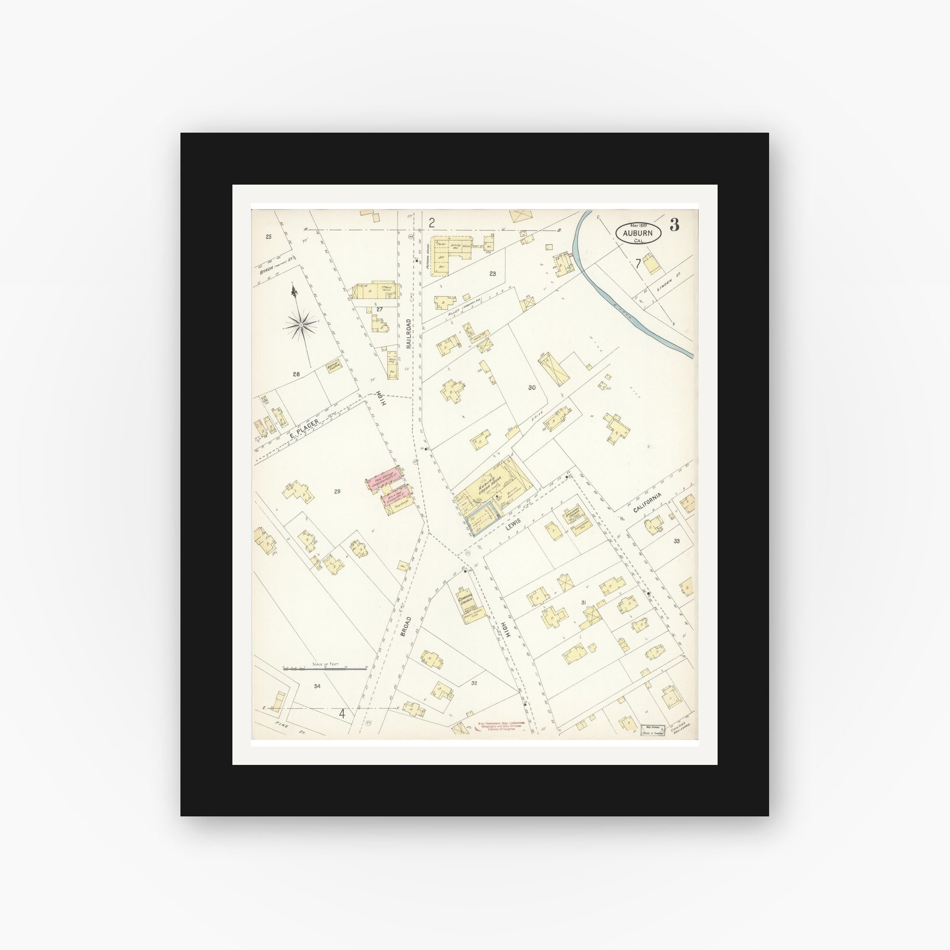 Old map wall art mockup — black gallery frame with white mat — Sanborn Fire Insurance Map from Auburn, Placer County, California (1899), Sheet #0003