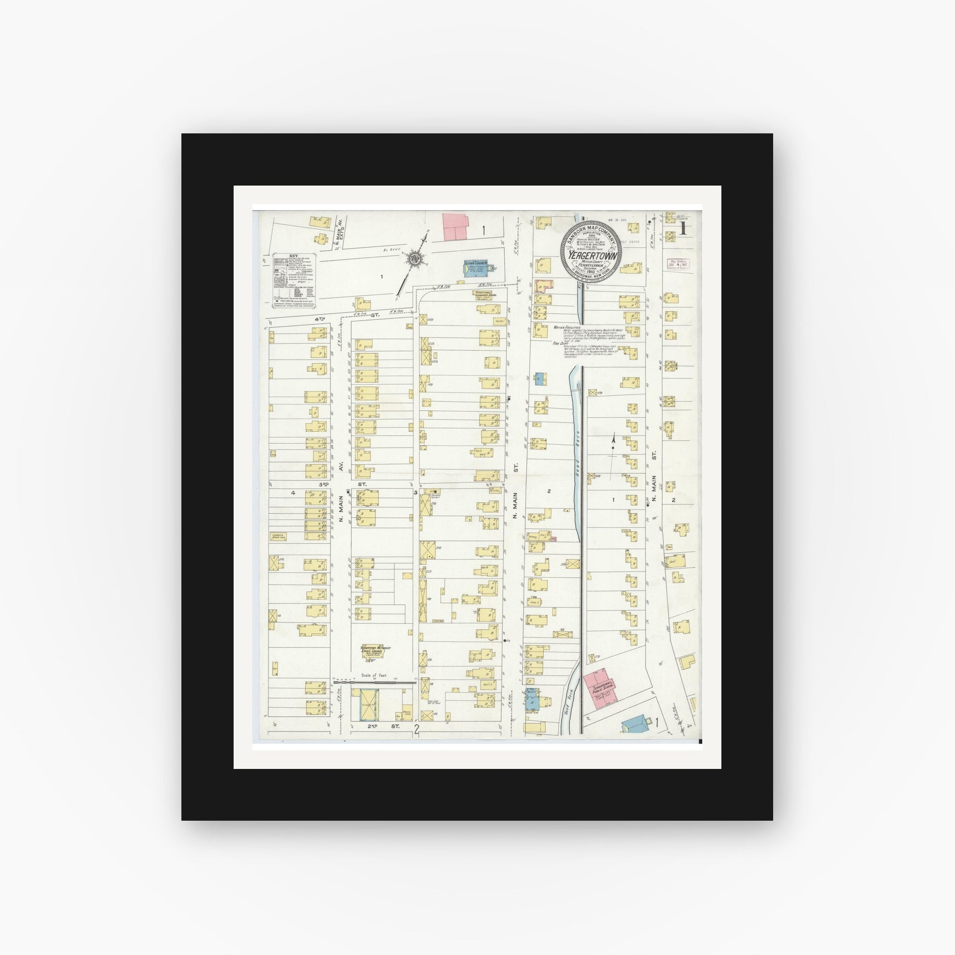 Old map wall art mockup — black gallery frame with white mat — Sanborn Fire Insurance Map from Yeagertown, Mifflin County, Pennsylvania (1910), Sheet #0001