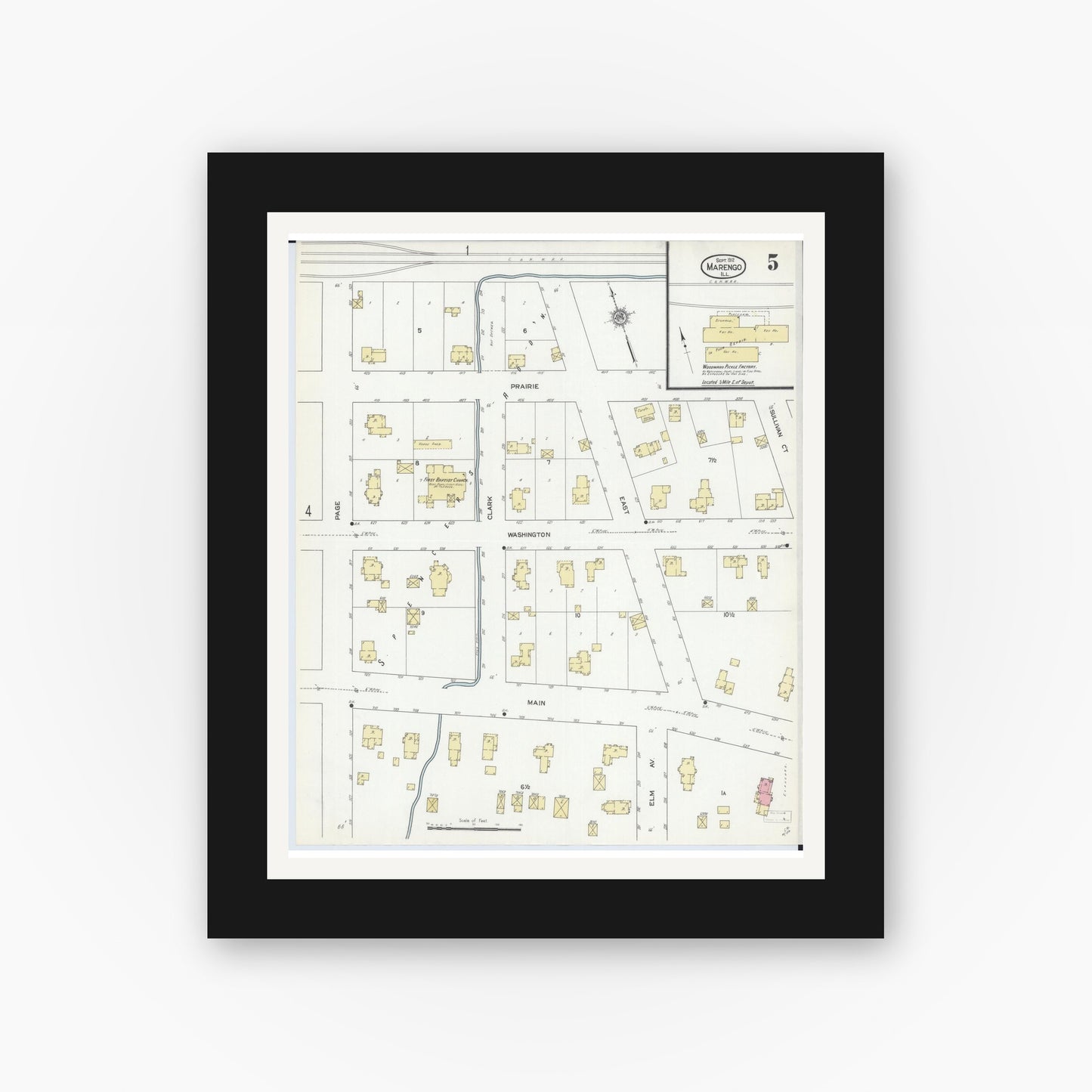 Old map wall art mockup — black gallery frame with white mat — Sanborn Fire Insurance Map from Marengo, McHenry County, Illinois (1912), Sheet #0005