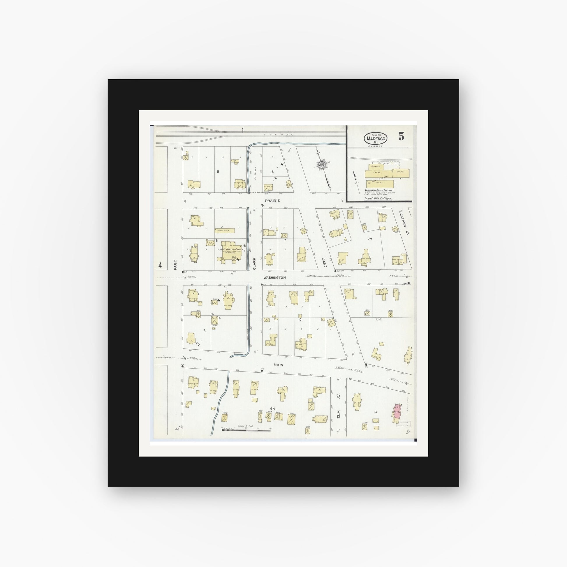 Old map wall art mockup — black gallery frame with white mat — Sanborn Fire Insurance Map from Marengo, McHenry County, Illinois (1912), Sheet #0005