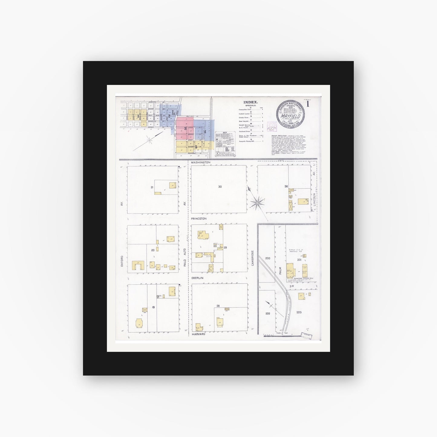 Old map wall art mockup — black gallery frame with white mat — Sanborn Fire Insurance Map from Mayfield, Santa Clara County, California (1908) - Complete Map Set