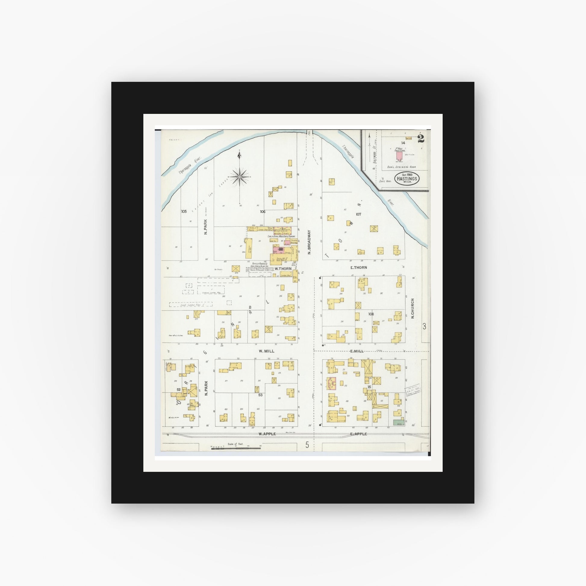 Old map wall art mockup — black gallery frame with white mat — Sanborn Fire Insurance Map from Hastings, Barry County, Michigan (1900), Sheet #0002