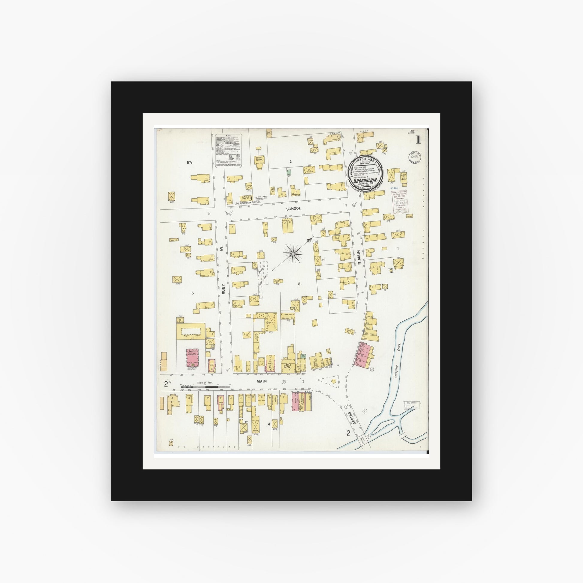 Old map wall art mockup — black gallery frame with white mat — Sanborn Fire Insurance Map from Broadalbin, Fulton County, New York (1900) - Complete Map Set