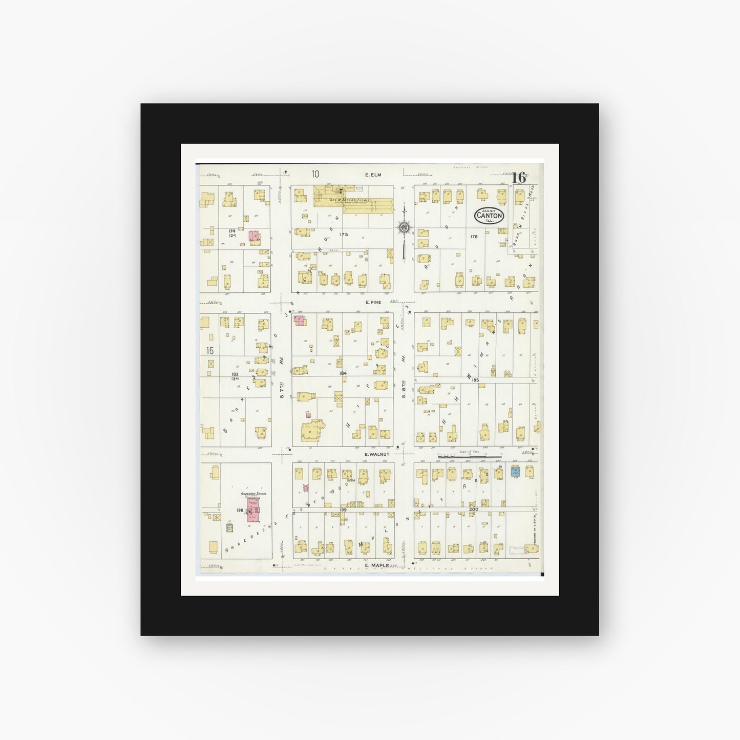 Old map wall art mockup — black gallery frame with white mat — Sanborn Fire Insurance Map from Canton, Fulton County, Illinois (1917), Sheet #0016