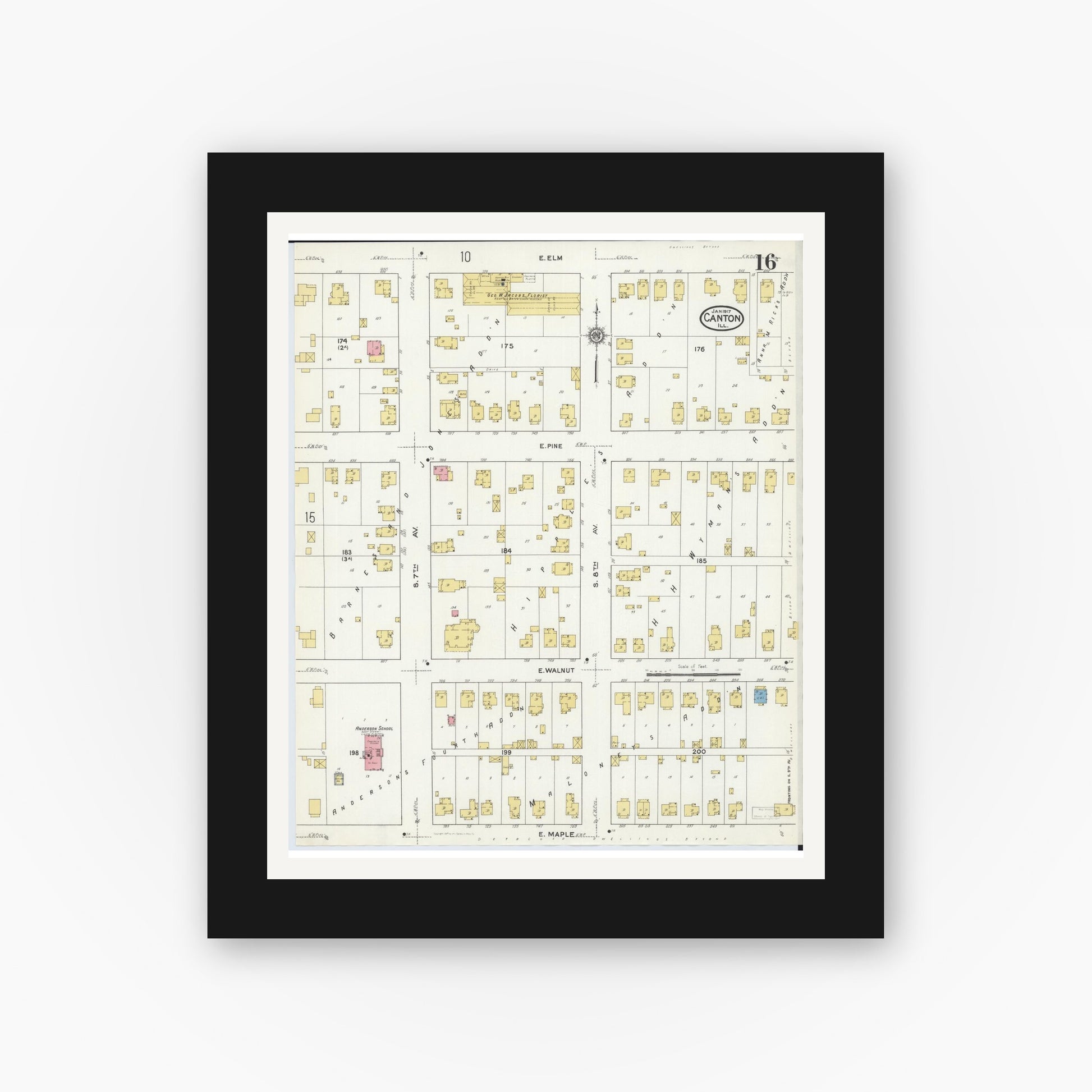 Old map wall art mockup — black gallery frame with white mat — Sanborn Fire Insurance Map from Canton, Fulton County, Illinois (1917), Sheet #0016