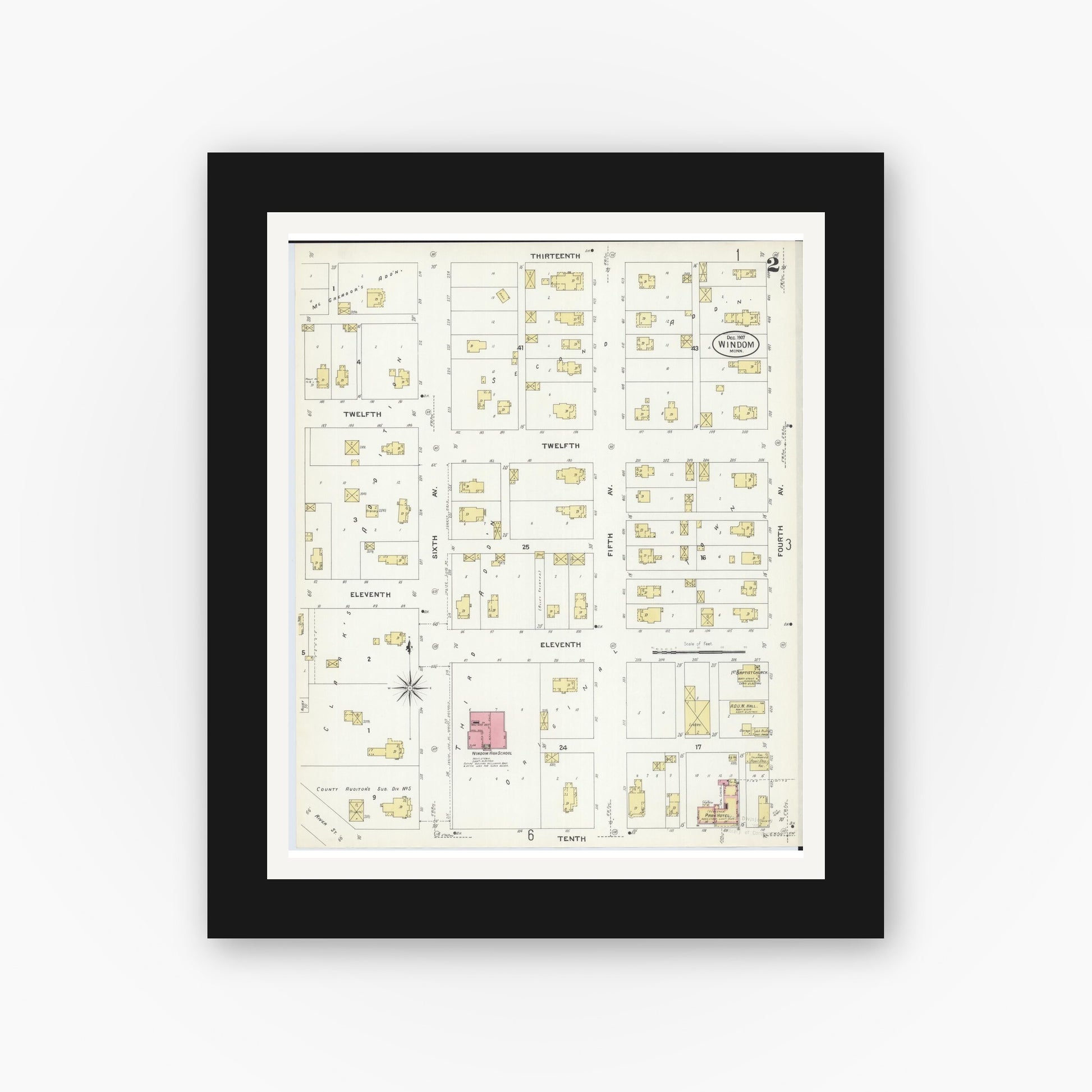 Old map wall art mockup — black gallery frame with white mat — Sanborn Fire Insurance Map from Windom, Cottonwood County, Minnesota (1907), Sheet #0002