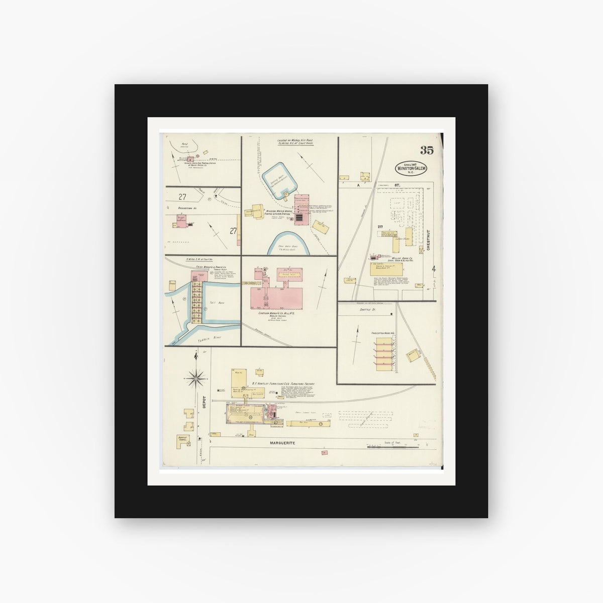 Old map wall art mockup — black gallery frame with white mat — Sanborn Fire Insurance Map from Winston-Salem, Forsyth County, North Carolina (1907), Sheet #0035