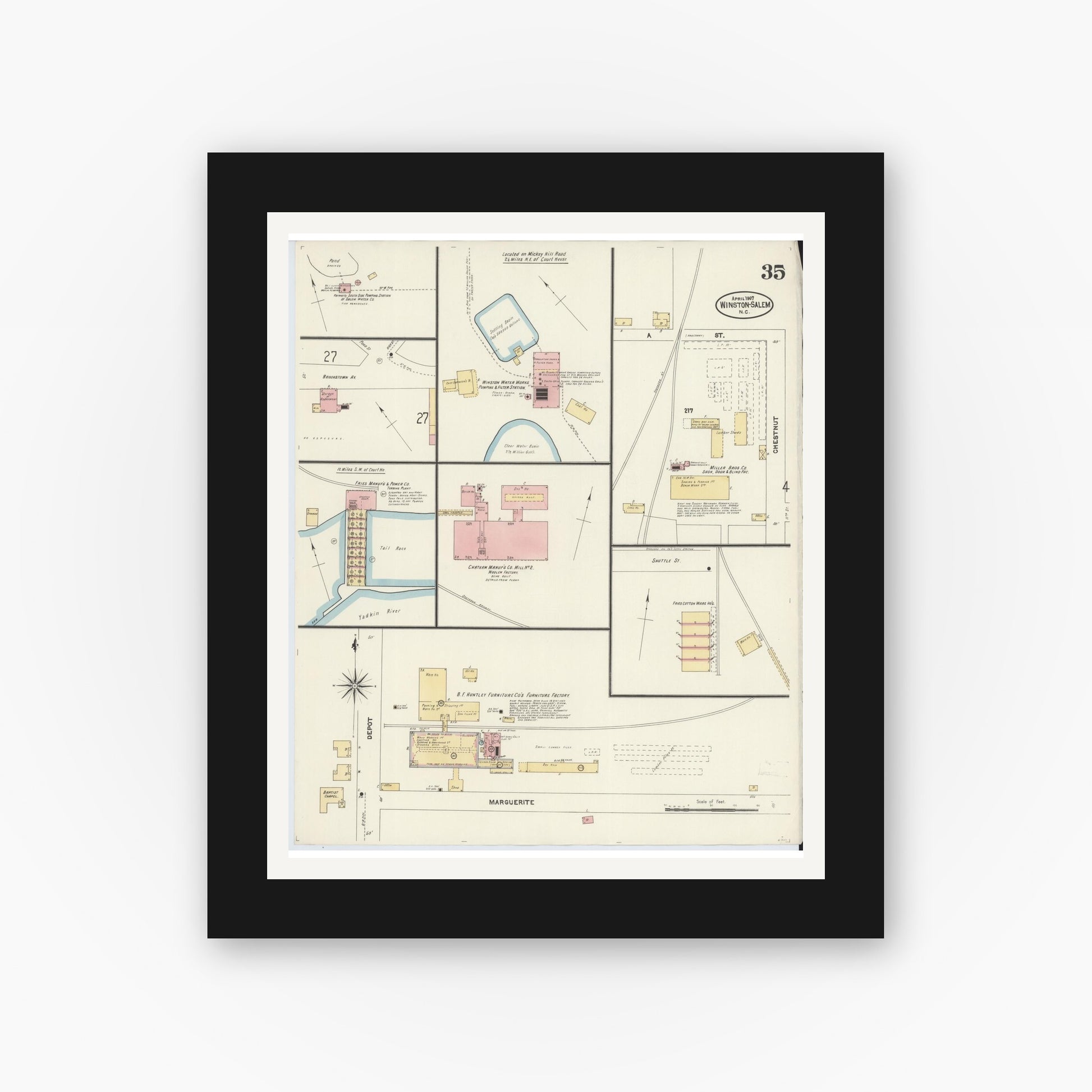 Old map wall art mockup — black gallery frame with white mat — Sanborn Fire Insurance Map from Winston-Salem, Forsyth County, North Carolina (1907), Sheet #0035