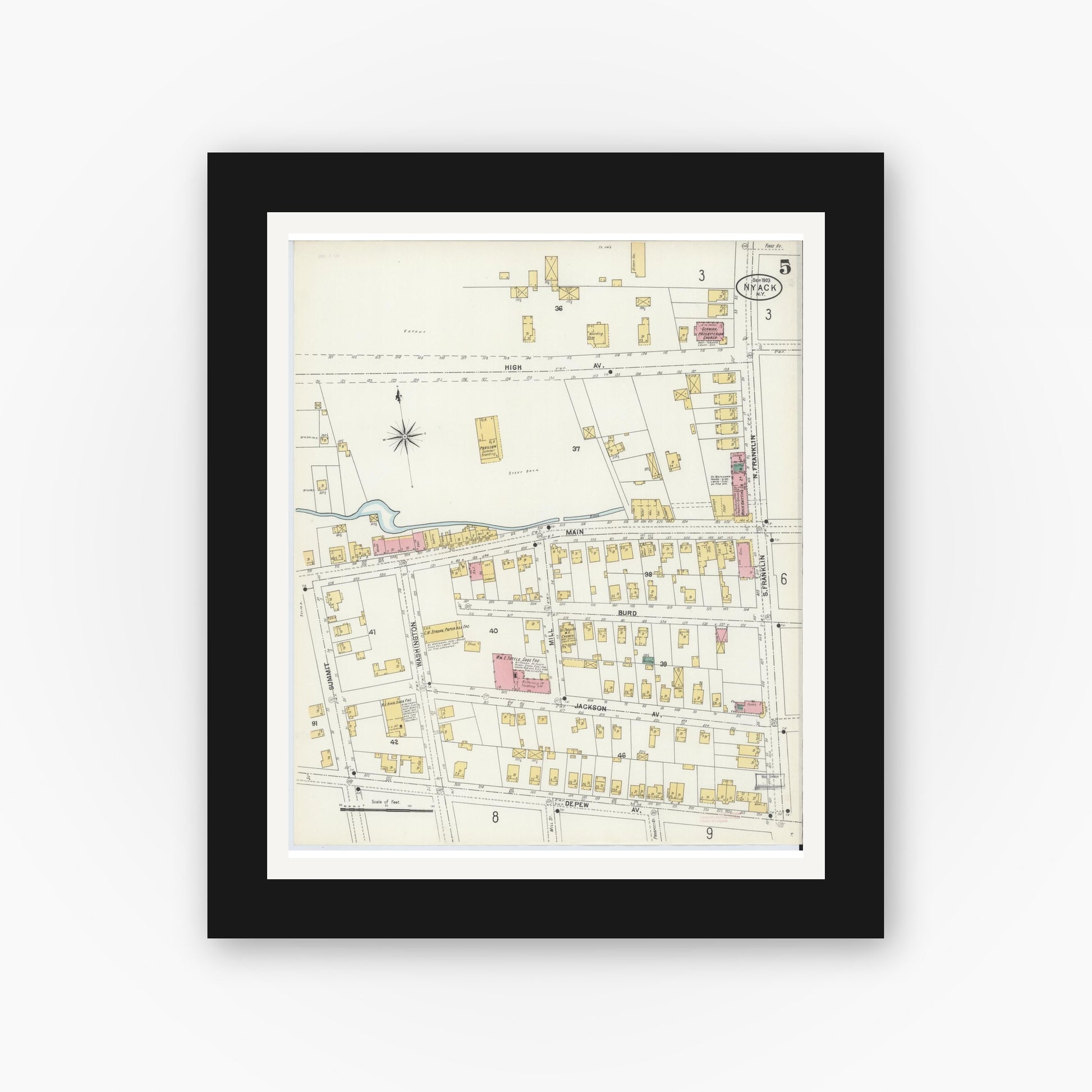 Old map wall art mockup — black gallery frame with white mat — Sanborn Fire Insurance Map from Nyack, Rockland County, New York. (1903), Sheet #0005