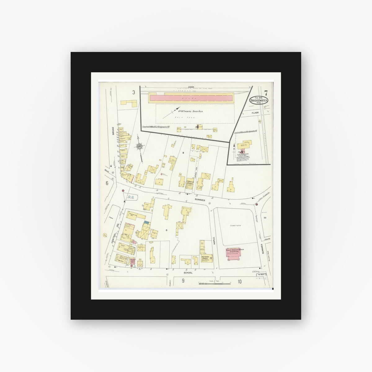 Old map wall art mockup — black gallery frame with white mat — Sanborn Fire Insurance Map from Bridgewater, Plymouth County, Massachusetts (1912), Sheet #0007