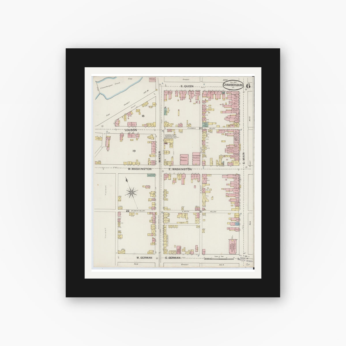 Old map wall art mockup — black gallery frame with white mat — Sanborn Fire Insurance Map from Chambersburg, Franklin County, Pennsylvania (1887), Sheet #0006