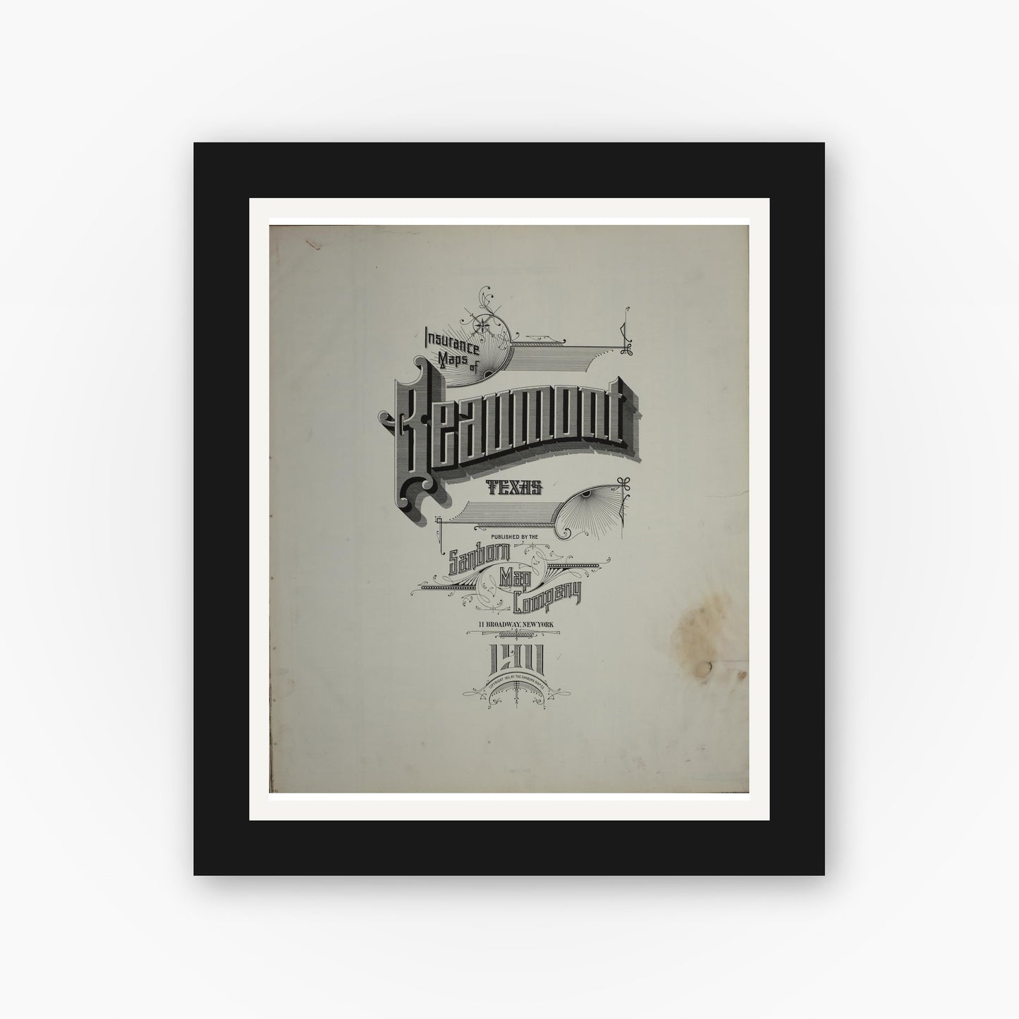 Old map wall art mockup — black gallery frame with white mat — Sanborn Fire Insurance Map from Beaumont, Jefferson County, Texas (1911), Sheet #0001