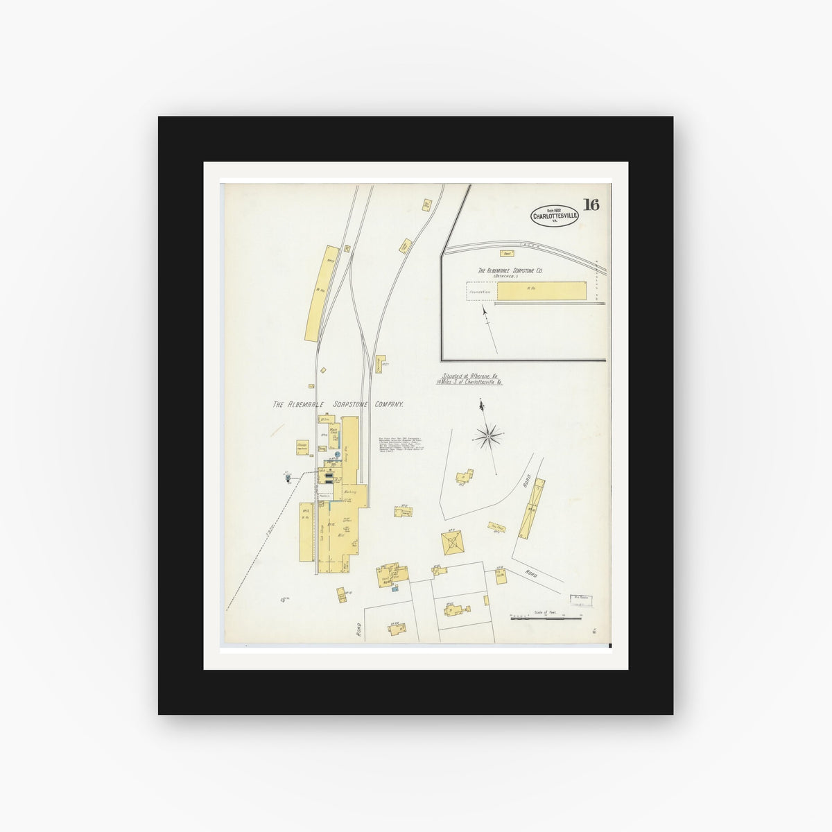 Old map wall art mockup — black gallery frame with white mat — Sanborn Fire Insurance Map from Charlottesville, Independent Cities, Virginia (1902), Sheet #0016