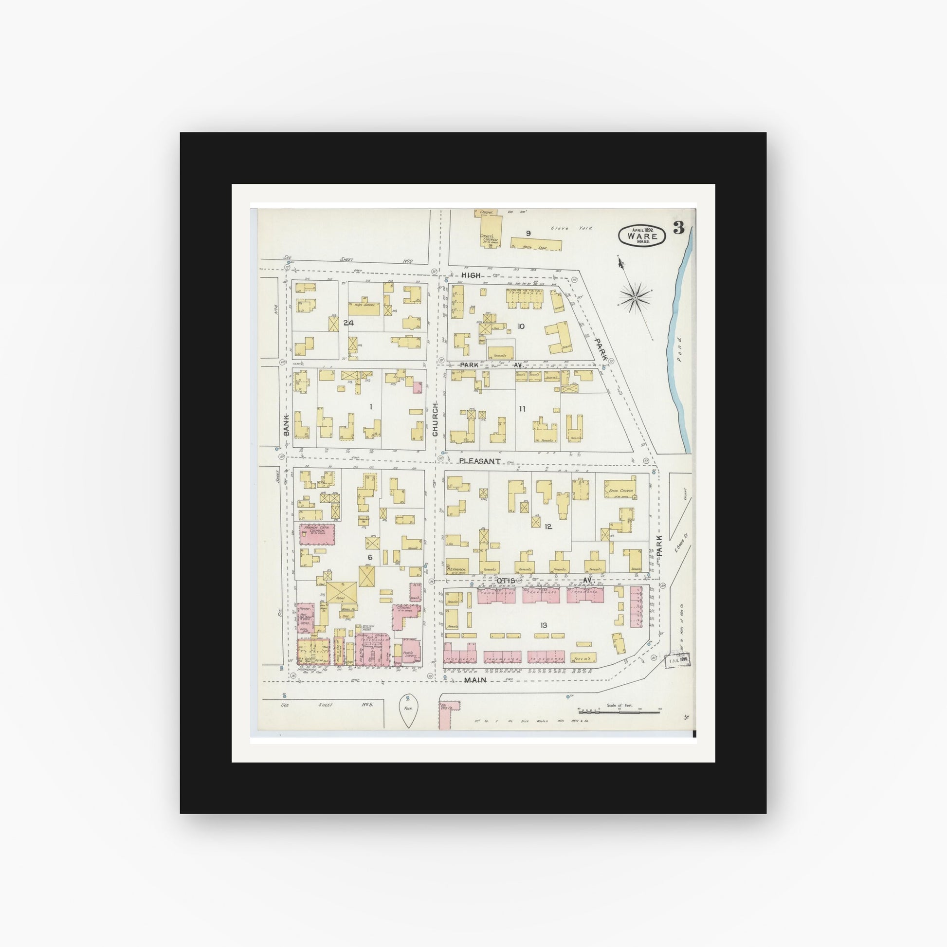 Old map wall art mockup — black gallery frame with white mat — Sanborn Fire Insurance Map from Ware, Hampshire County, Massachusetts (1892), Sheet #0003