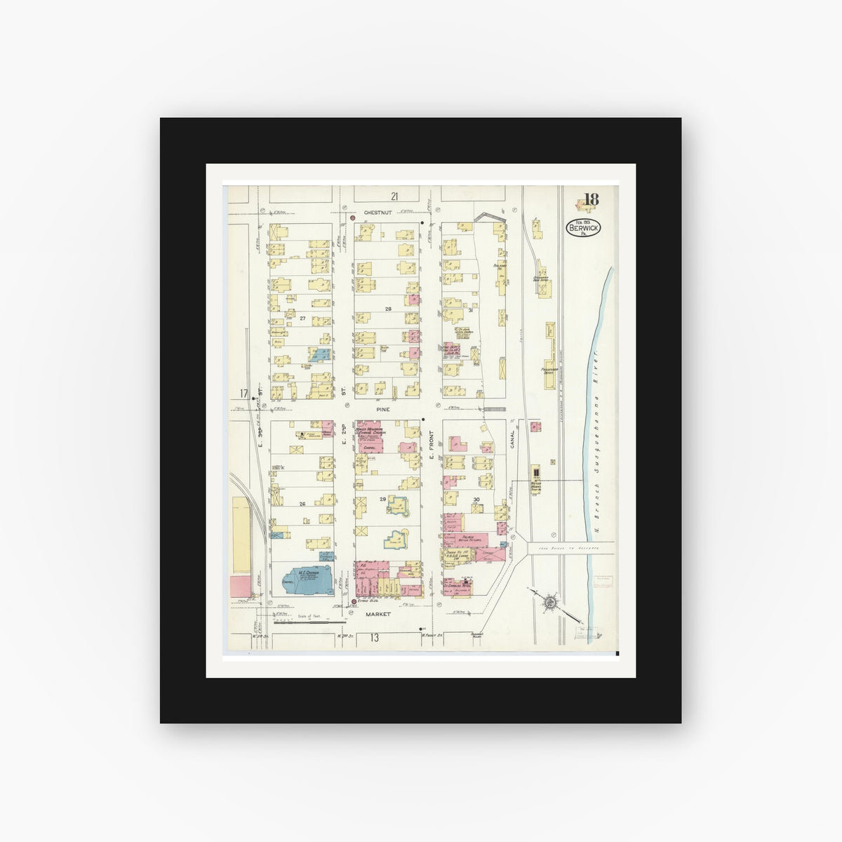 Old map wall art mockup — black gallery frame with white mat — Sanborn Fire Insurance Map from Berwick, Columbia County, Pennsylvania (1913), Sheet #0018