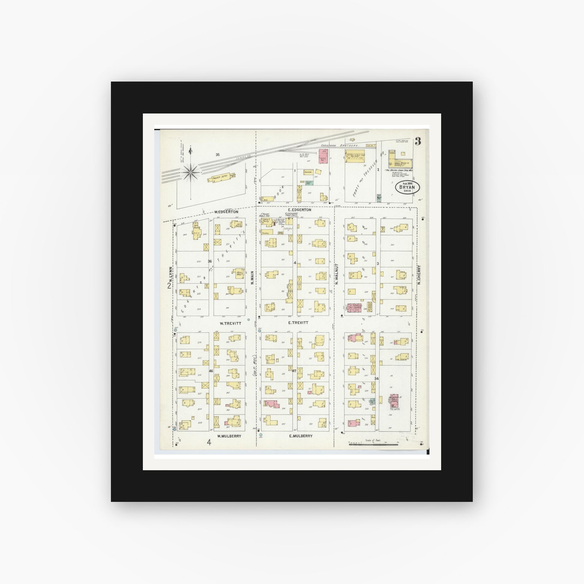 Old map wall art mockup — black gallery frame with white mat — Sanborn Fire Insurance Map from Bryan, Williams County, Ohio (1899), Sheet #0003