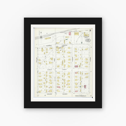 Old map wall art mockup — black gallery frame with white mat — Sanborn Fire Insurance Map from Bryan, Williams County, Ohio (1899), Sheet #0003