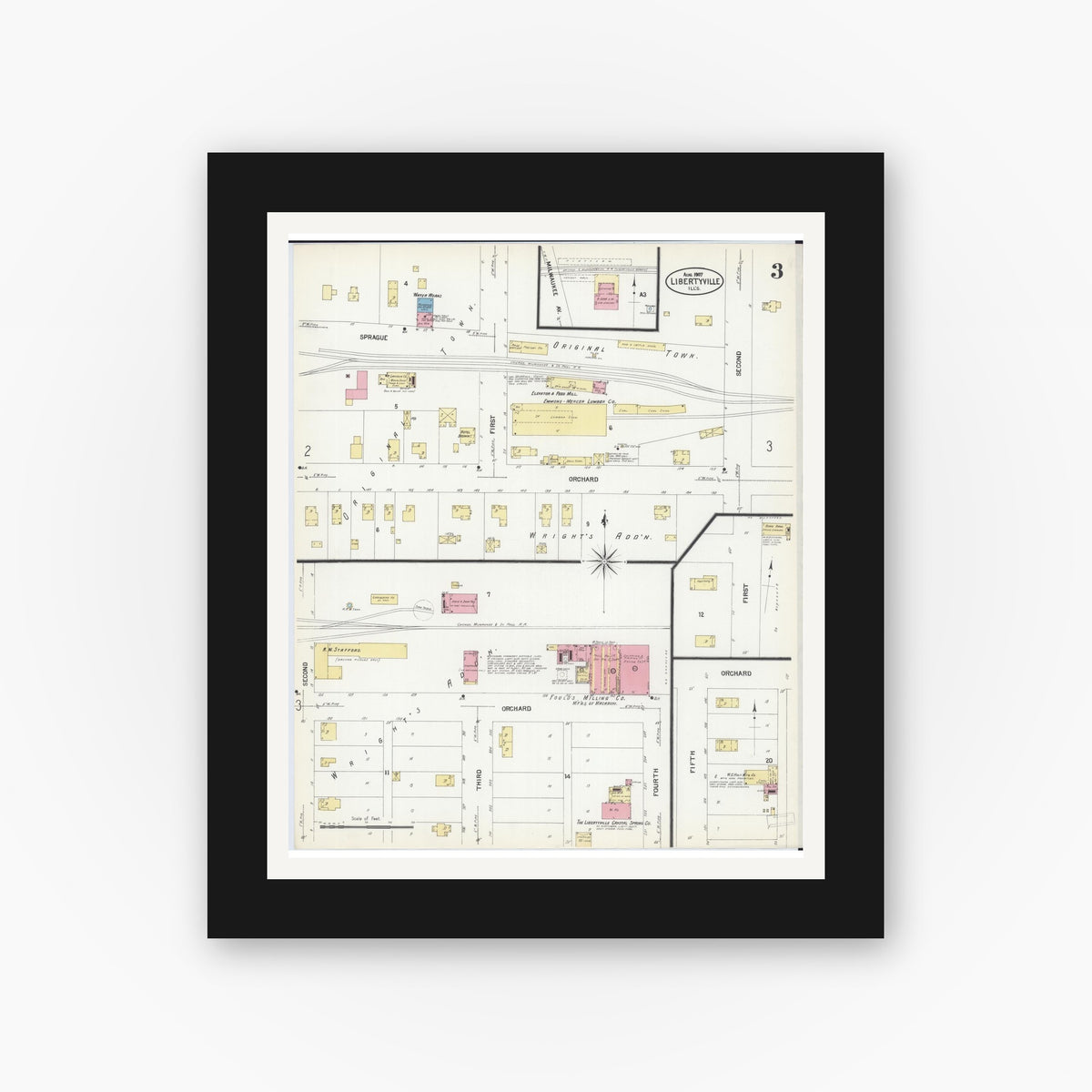 Old map wall art mockup — black gallery frame with white mat — Sanborn Fire Insurance Map from Libertyville, Lake County, Illinois (1907), Sheet #0003