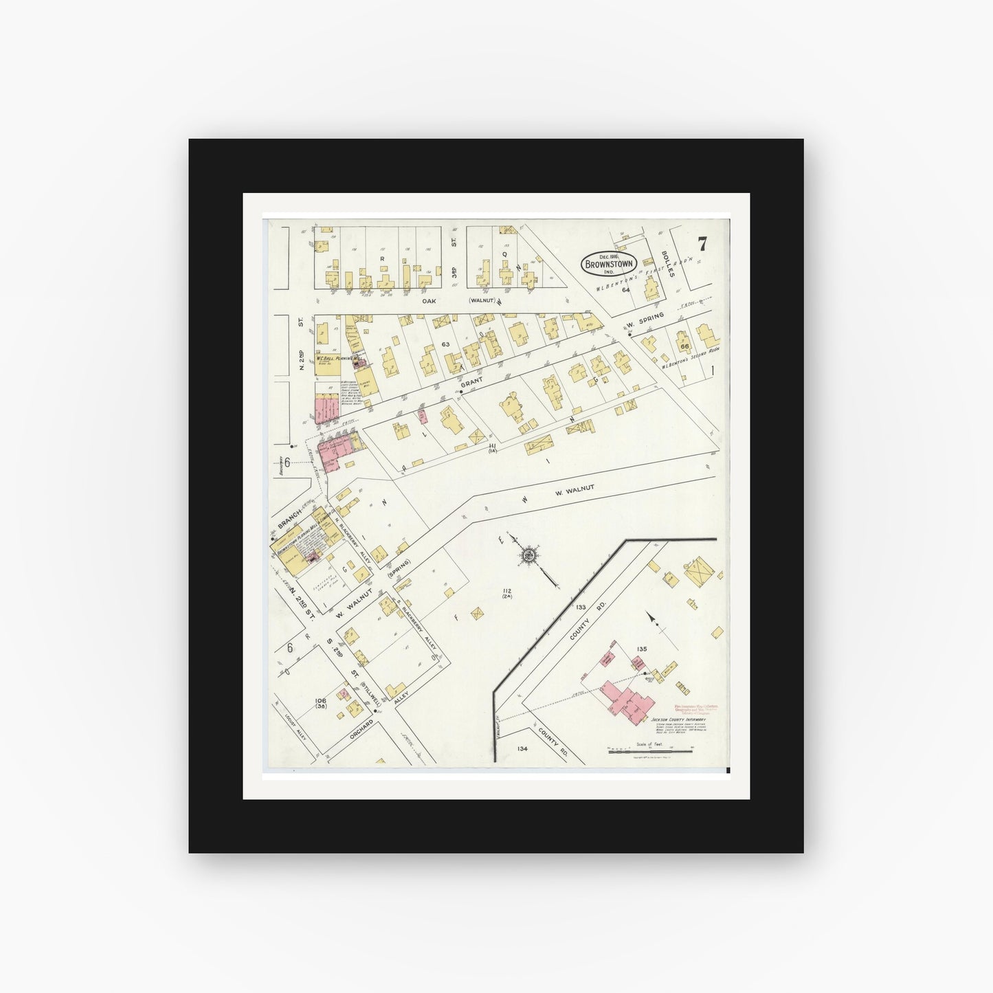 Old map wall art mockup — black gallery frame with white mat — Sanborn Fire Insurance Map from Brownstown, Jackson County, Indiana (1916), Sheet #0007