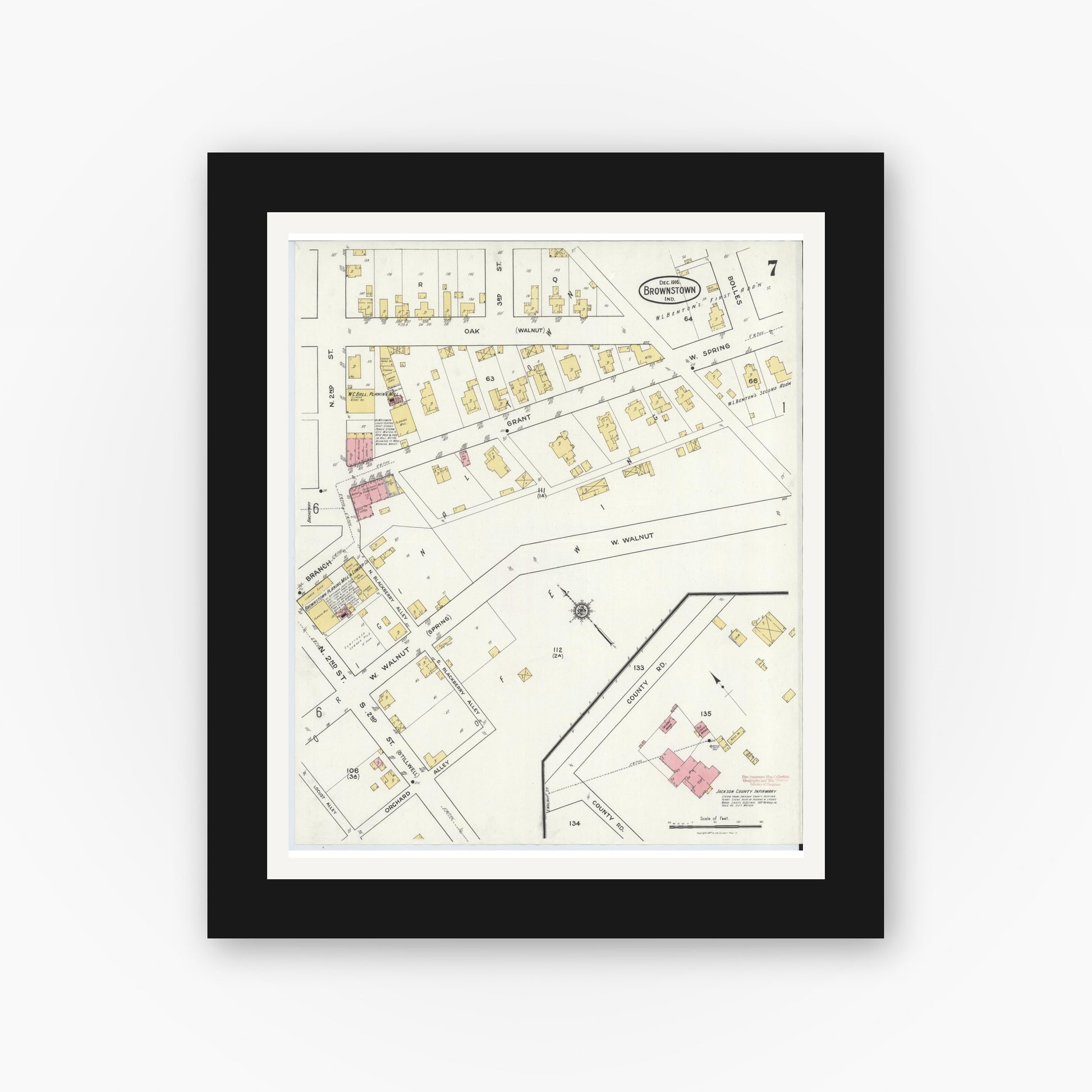 Old map wall art mockup — black gallery frame with white mat — Sanborn Fire Insurance Map from Brownstown, Jackson County, Indiana (1916), Sheet #0007