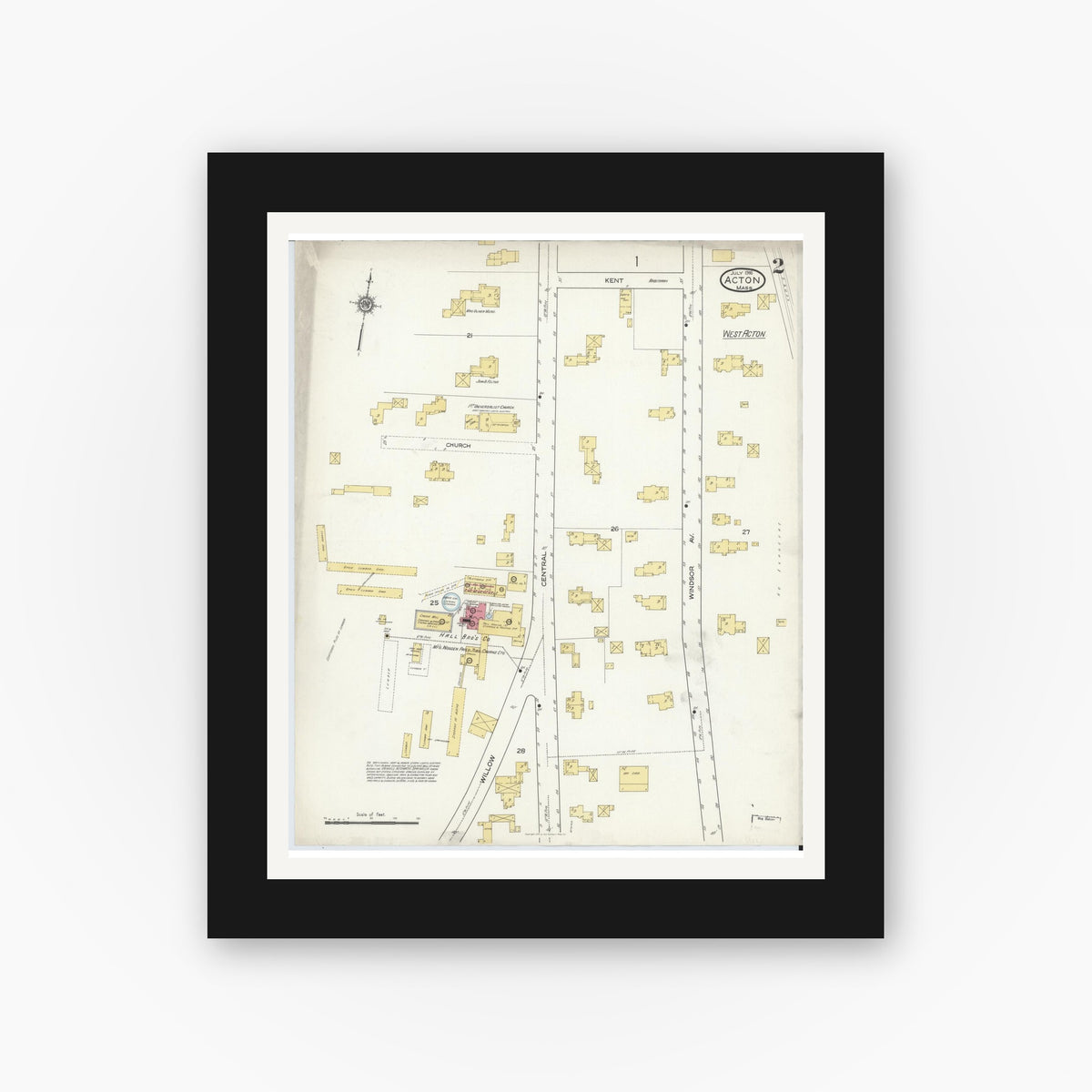 Old map wall art mockup — black gallery frame with white mat — Sanborn Fire Insurance Map from Acton, Middlesex County, Massachusetts (1916), Sheet #0002
