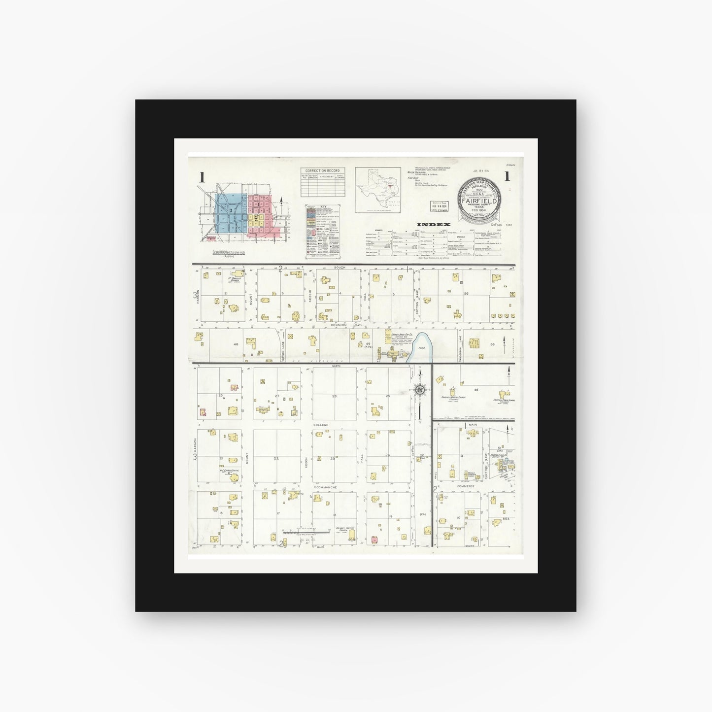 Old map wall art mockup — black gallery frame with white mat — Sanborn Fire Insurance Map from Fairfield, Freestone County, Texas (1934), Sheet #0001