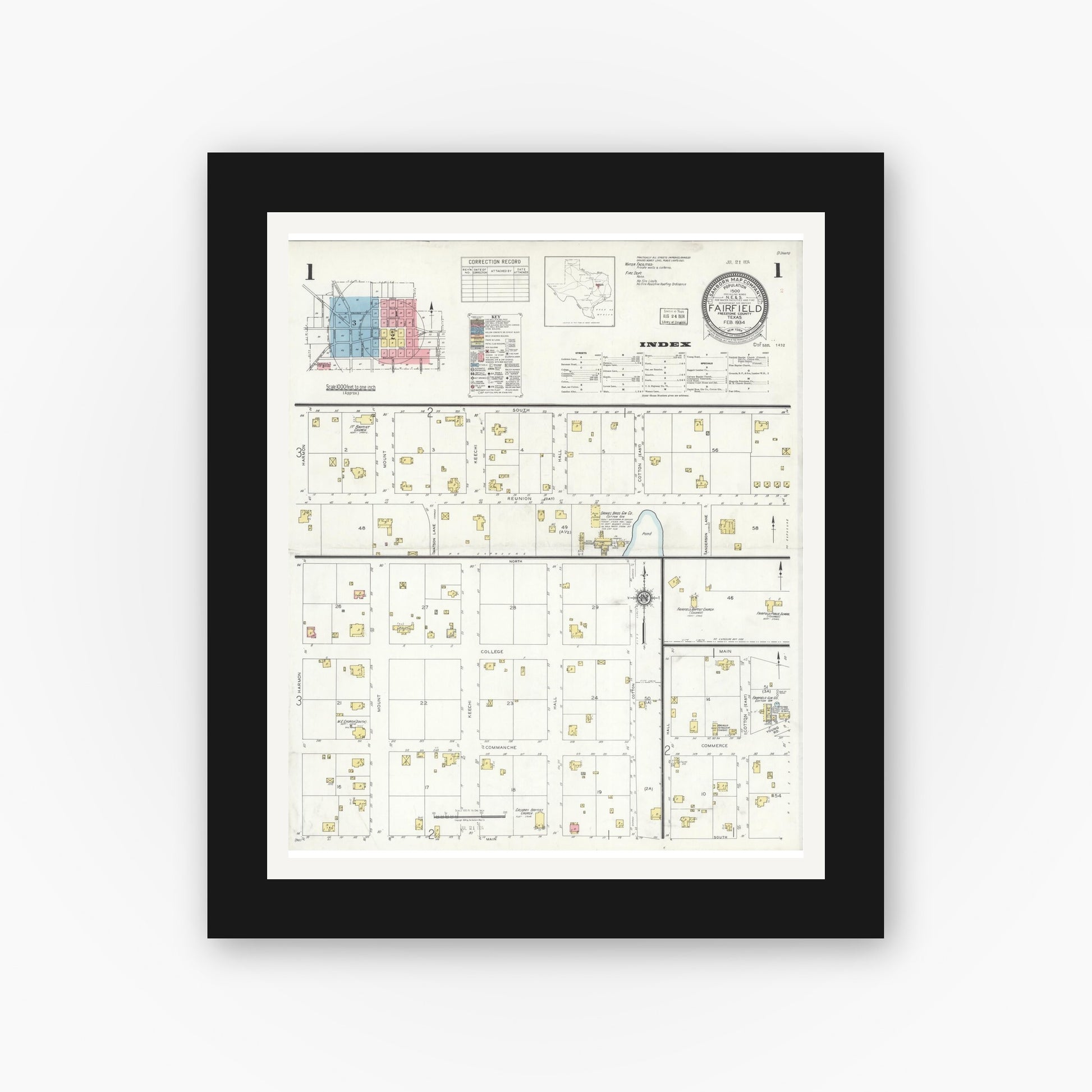 Old map wall art mockup — black gallery frame with white mat — Sanborn Fire Insurance Map from Fairfield, Freestone County, Texas (1934), Sheet #0001