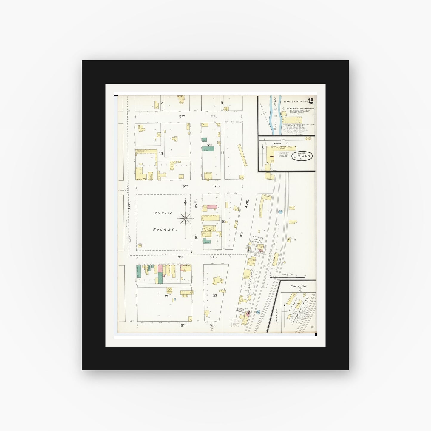 Old map wall art mockup — black gallery frame with white mat — Sanborn Fire Insurance Map from Logan, Harrison County, Iowa (1893), Sheet #0002