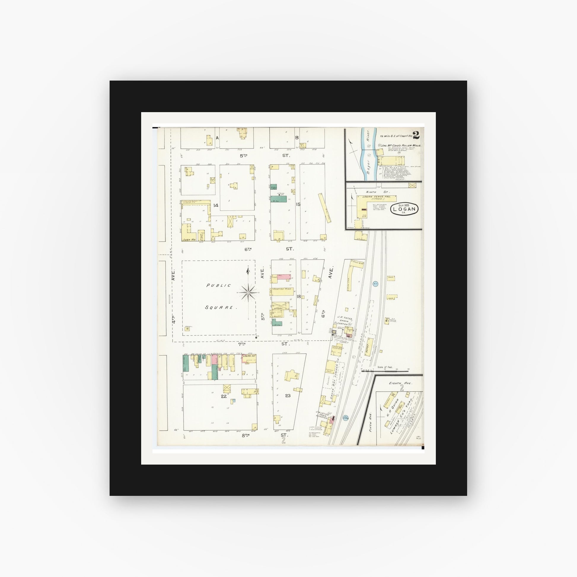 Old map wall art mockup — black gallery frame with white mat — Sanborn Fire Insurance Map from Logan, Harrison County, Iowa (1893), Sheet #0002