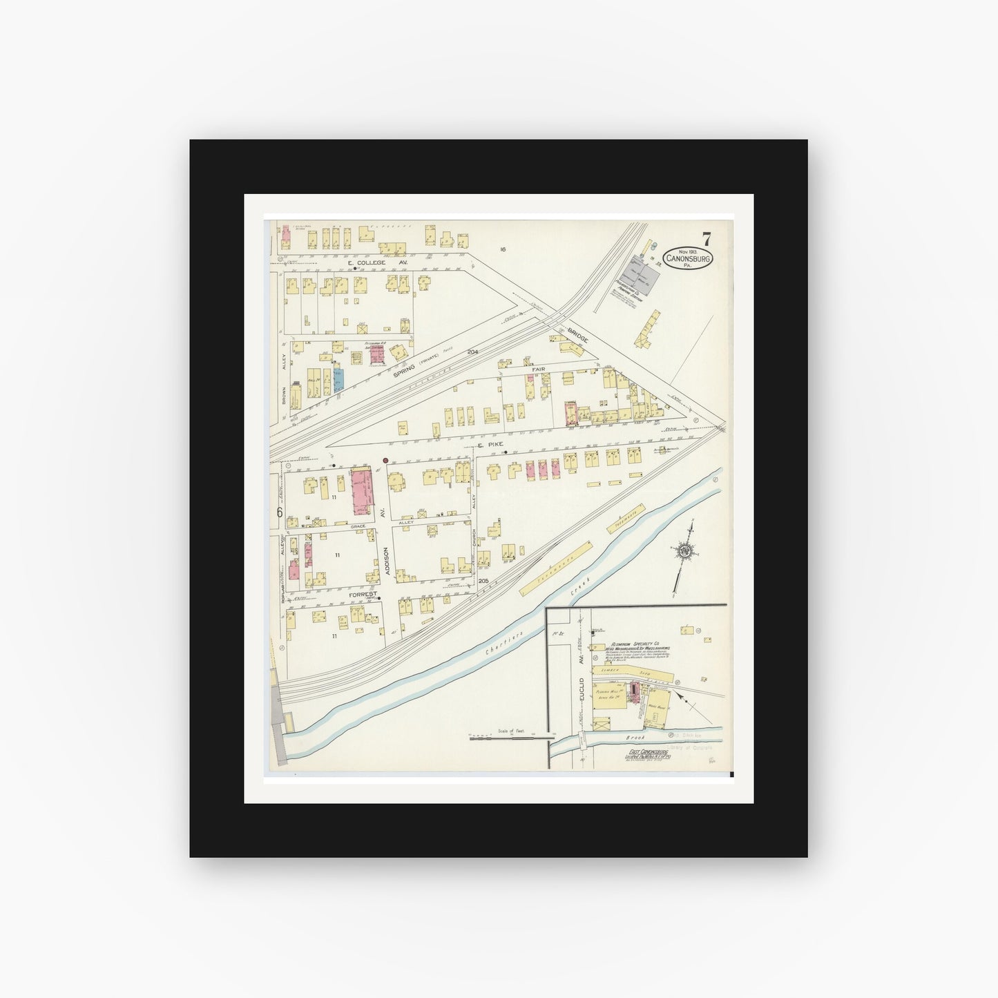 Old map wall art mockup — black gallery frame with white mat — Sanborn Fire Insurance Map from Canonsburg, Washington County, Pennsylvania (1913), Sheet #0007