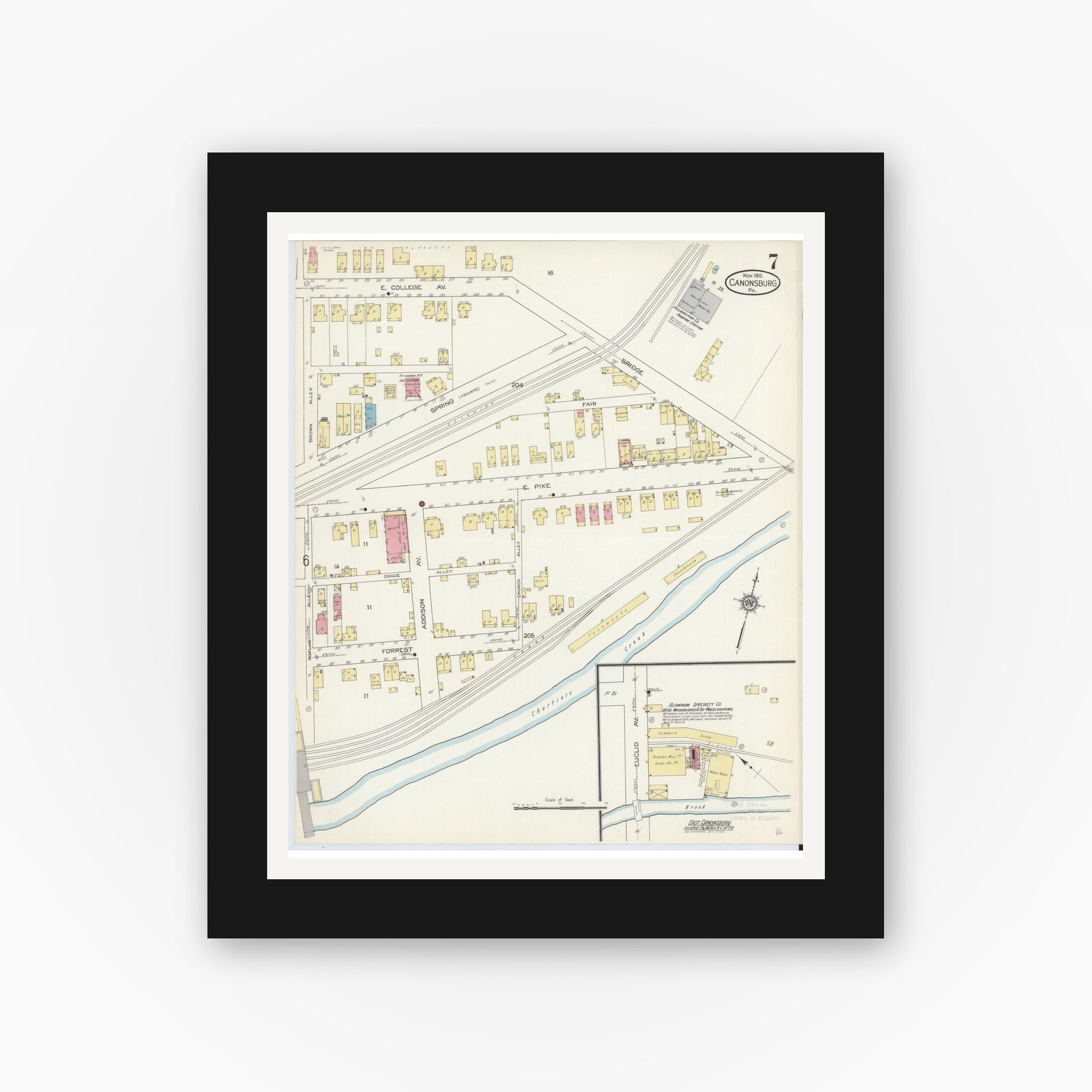 Old map wall art mockup — black gallery frame with white mat — Sanborn Fire Insurance Map from Canonsburg, Washington County, Pennsylvania (1913), Sheet #0007