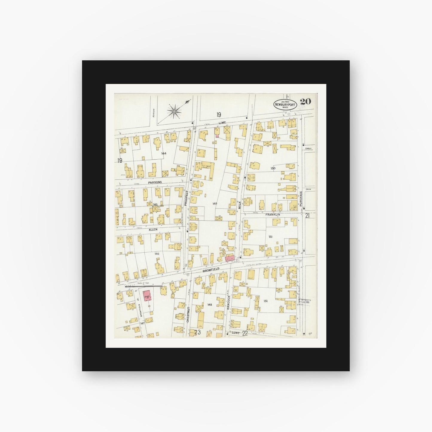 Old map wall art mockup — black gallery frame with white mat — Sanborn Fire Insurance Map from Newburyport, Essex County, Massachusetts (1900), Sheet #0020