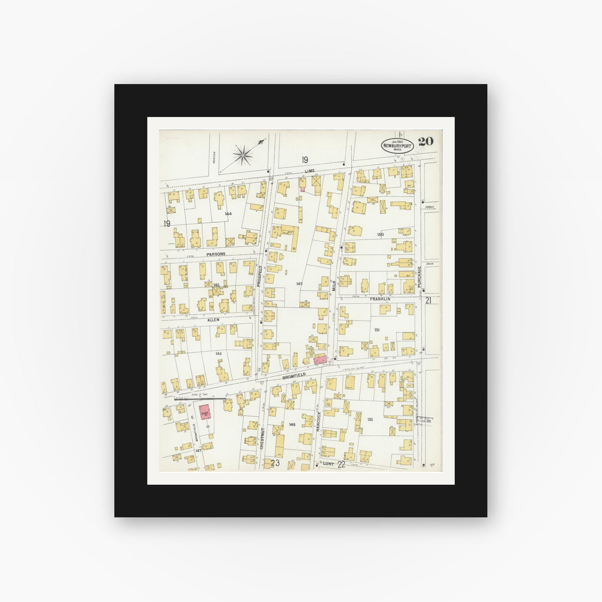 Old map wall art mockup — black gallery frame with white mat — Sanborn Fire Insurance Map from Newburyport, Essex County, Massachusetts (1900), Sheet #0020