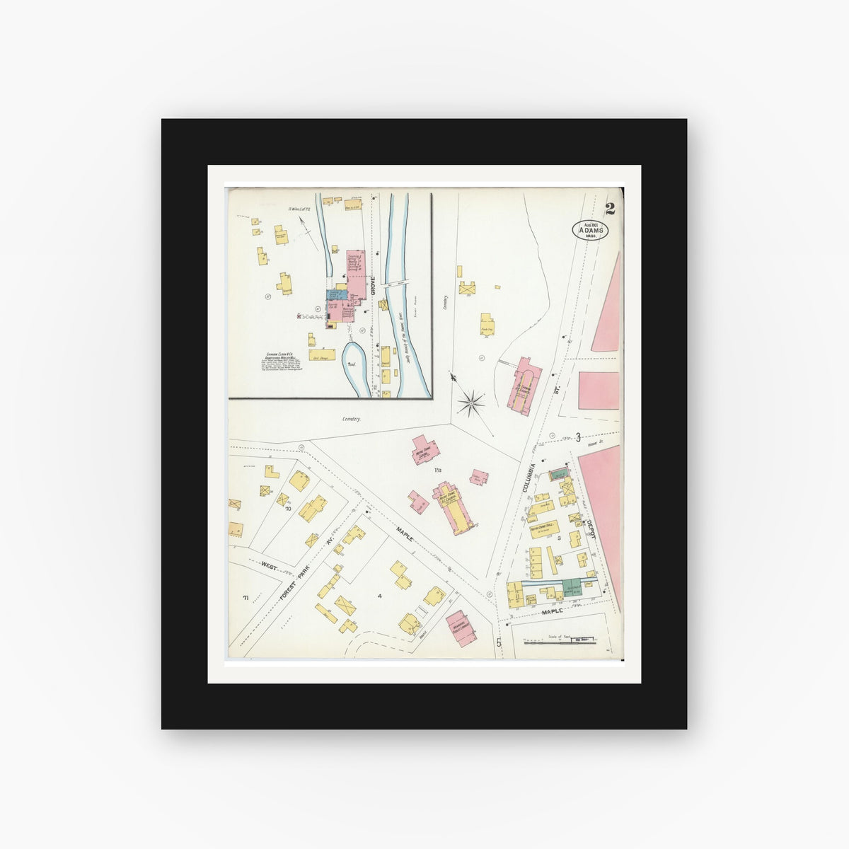 Old map wall art mockup — black gallery frame with white mat — Sanborn Fire Insurance Map from Adams, Berkshire County, Massachusetts (1901), Sheet #0002