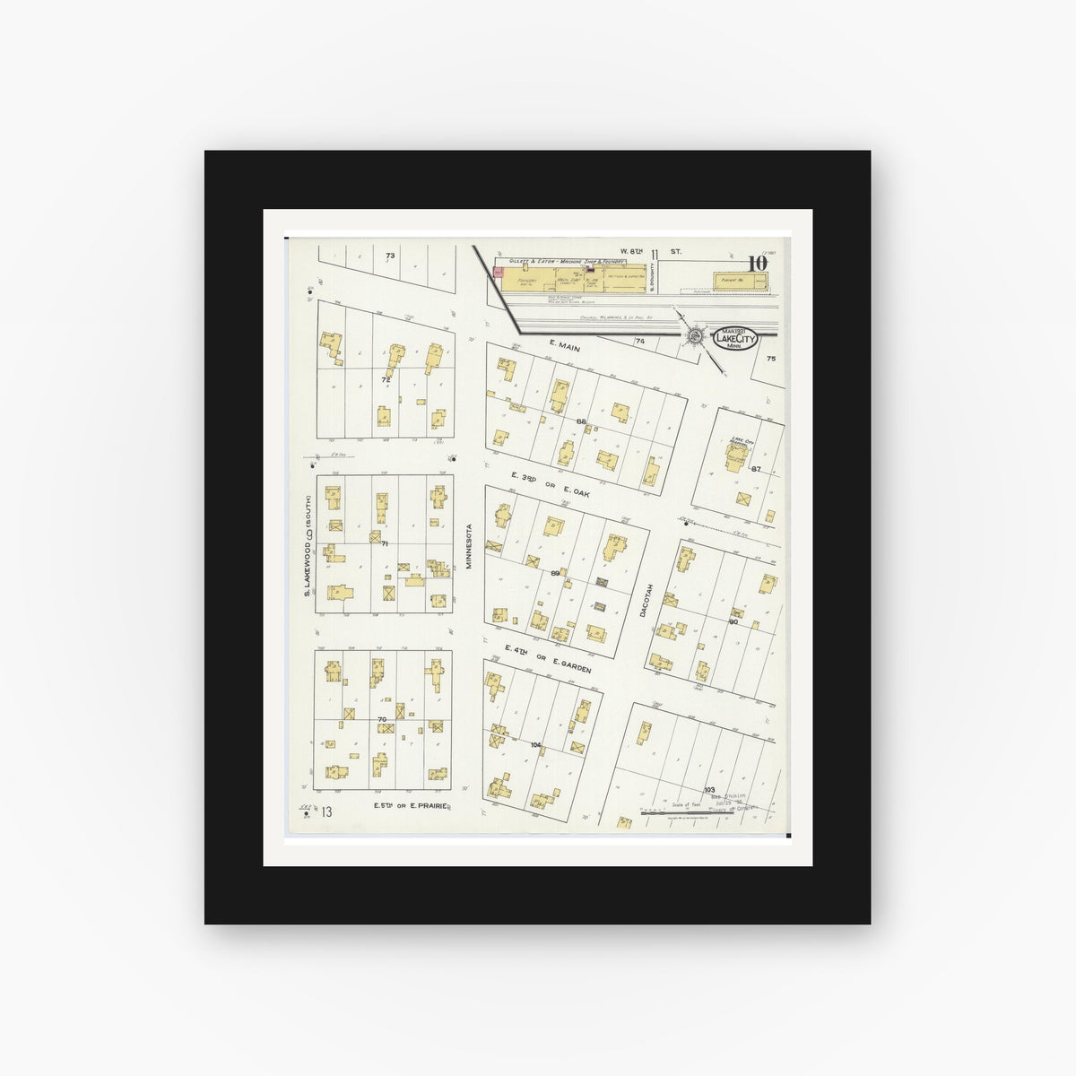 Old map wall art mockup — black gallery frame with white mat — Sanborn Fire Insurance Map from Lake City, Wabasha County, Minnesota (1921), Sheet #0010