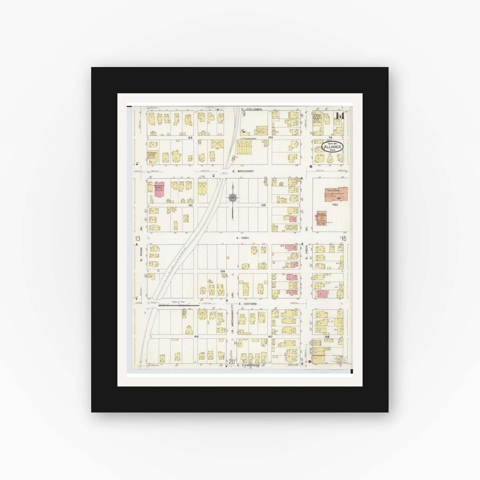 Old map wall art mockup — black gallery frame with white mat — Sanborn Fire Insurance Map from Alliance, Stark County, Ohio (1911), Sheet #0014