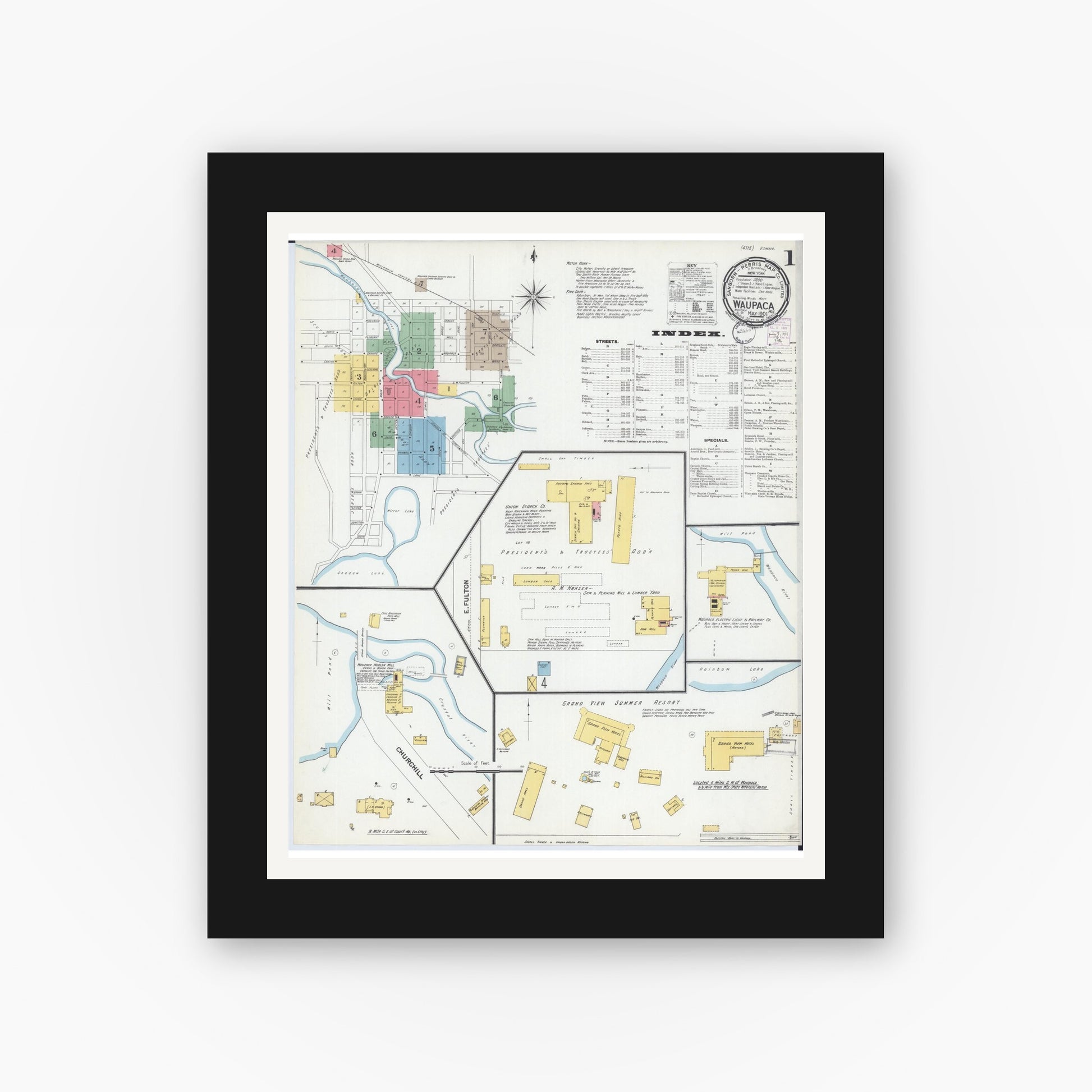 Old map wall art mockup — black gallery frame with white mat — Sanborn Fire Insurance Map from Waupaca, Waupaca County, Wisconsin (1901), Sheet #0001