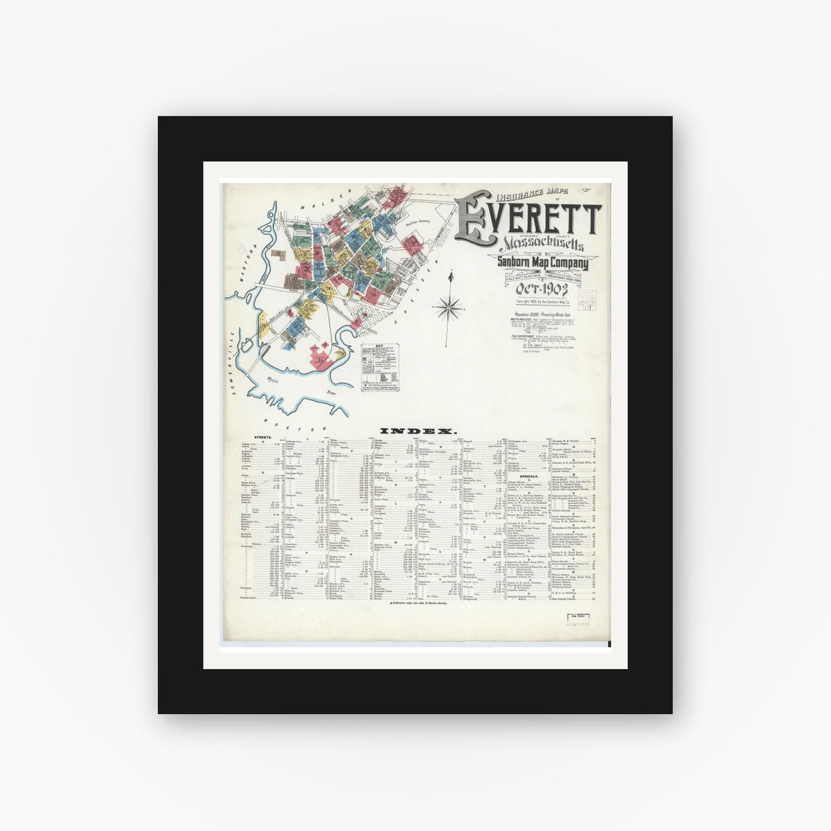 Old map wall art mockup — black gallery frame with white mat — Sanborn Fire Insurance Map from Everett, Middlesex County, Massachusetts (1903), Sheet #0001