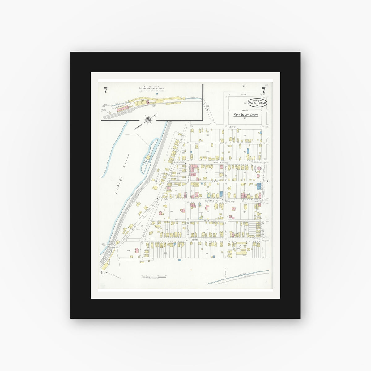 Old map wall art mockup — black gallery frame with white mat — Sanborn Fire Insurance Map from Mauch Chunk, Carbon County, Pennsylvania (1930), Sheet #0007