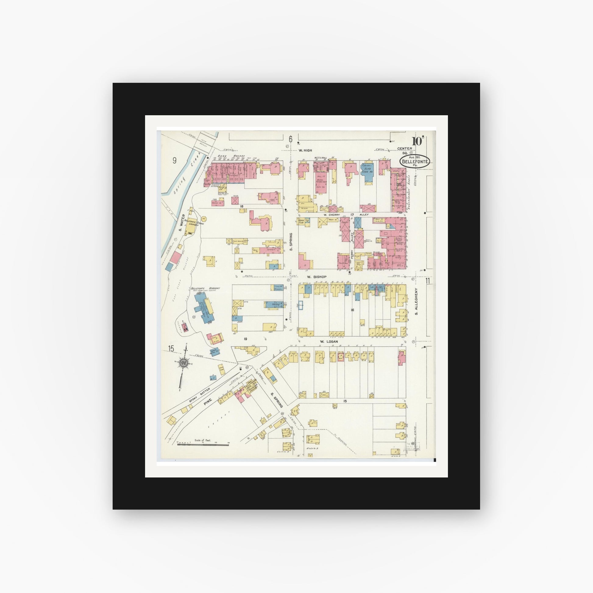Old map wall art mockup — black gallery frame with white mat — Sanborn Fire Insurance Map from Bellefonte, Centre County, Pennsylvania (1911), Sheet #0010