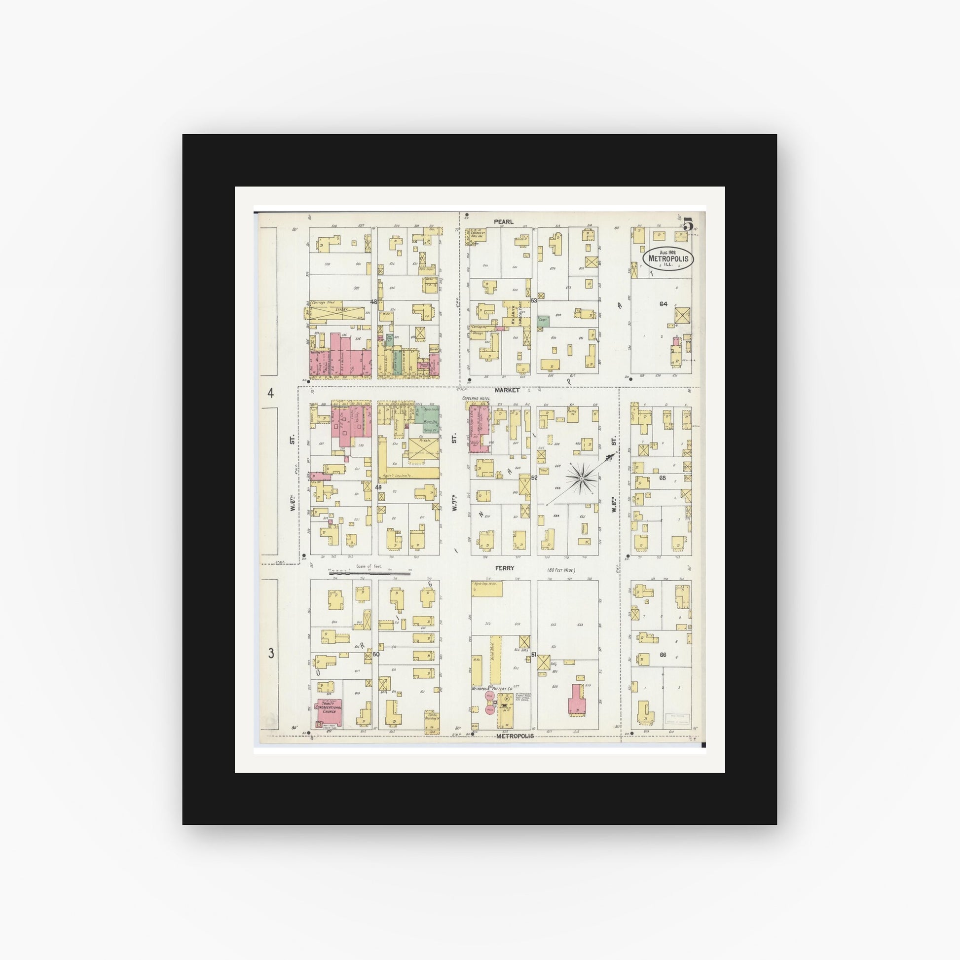 Old map wall art mockup — black gallery frame with white mat — Sanborn Fire Insurance Map from Metropolis, Massac County, Illinois (1902), Sheet #0005