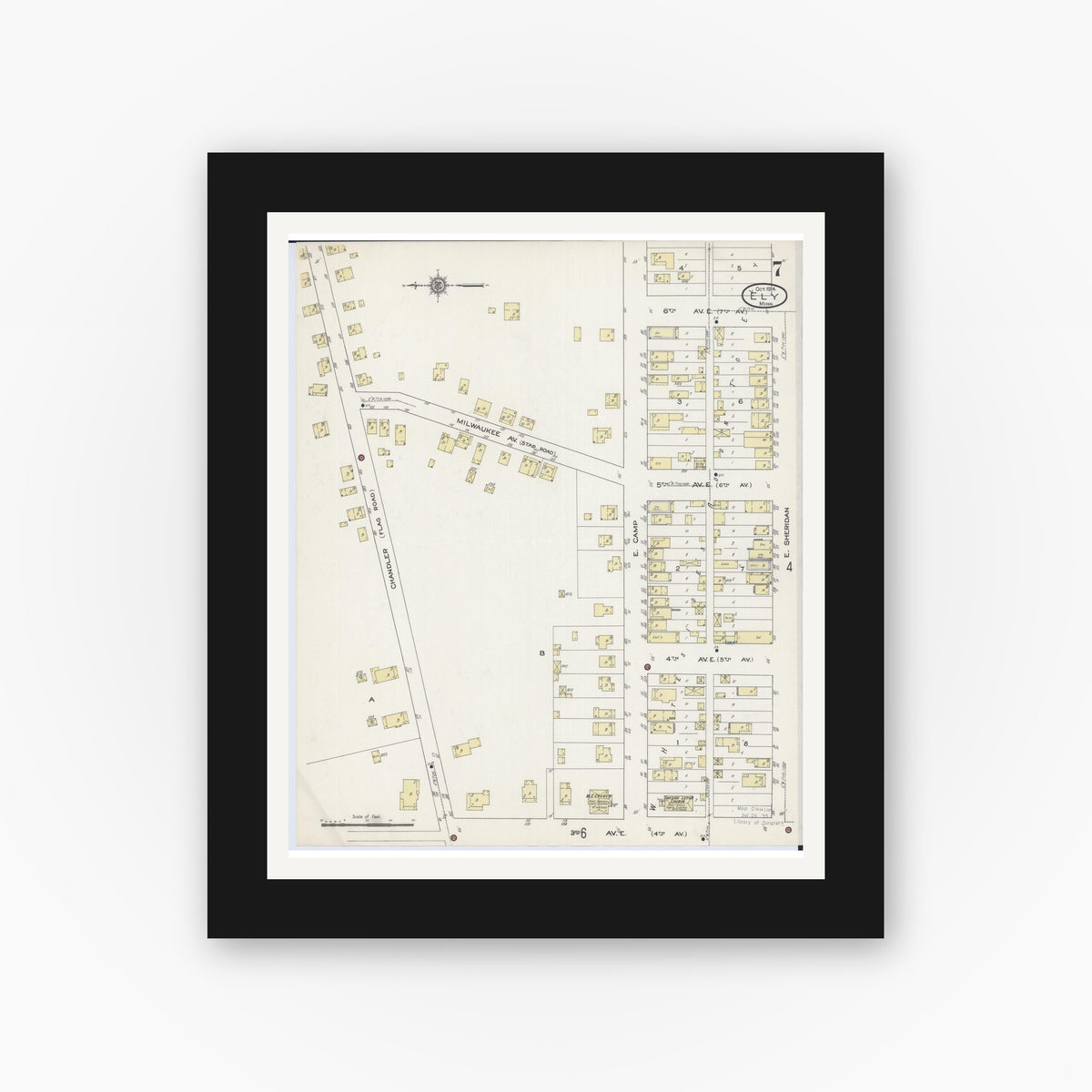 Old map wall art mockup — black gallery frame with white mat — Sanborn Fire Insurance Map from Ely, Saint Louis County, Minnesota (1914), Sheet #0007