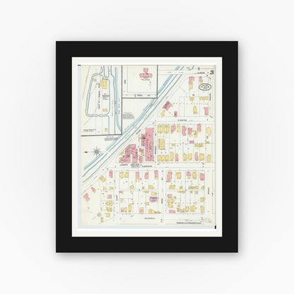 Old map wall art mockup — black gallery frame with white mat — Sanborn Fire Insurance Map from Piqua, Miami County, Ohio (1905), Sheet #0003