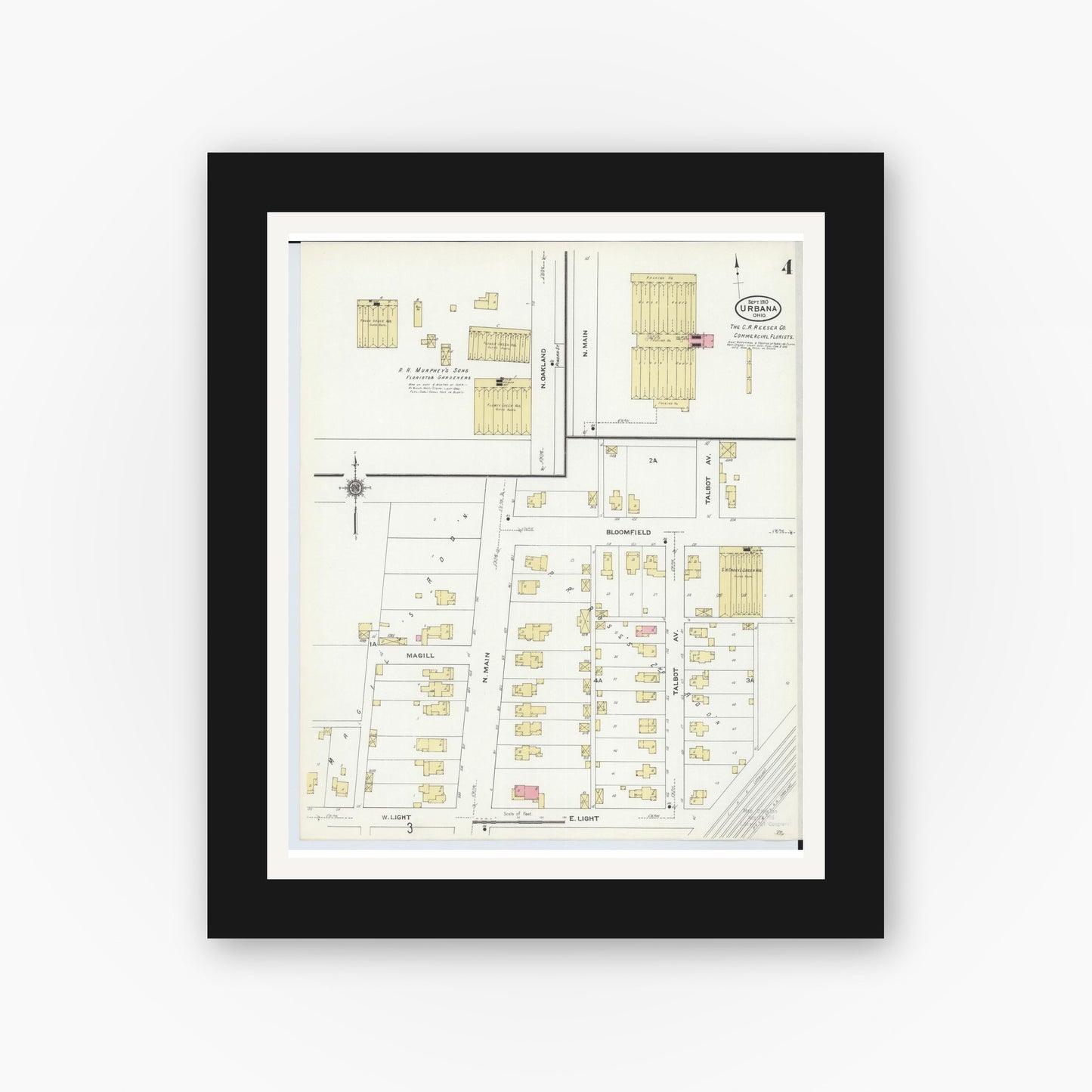 Old map wall art mockup — black gallery frame with white mat — Sanborn Fire Insurance Map from Urbana, Champaign County, Ohio (1910), Sheet #0004