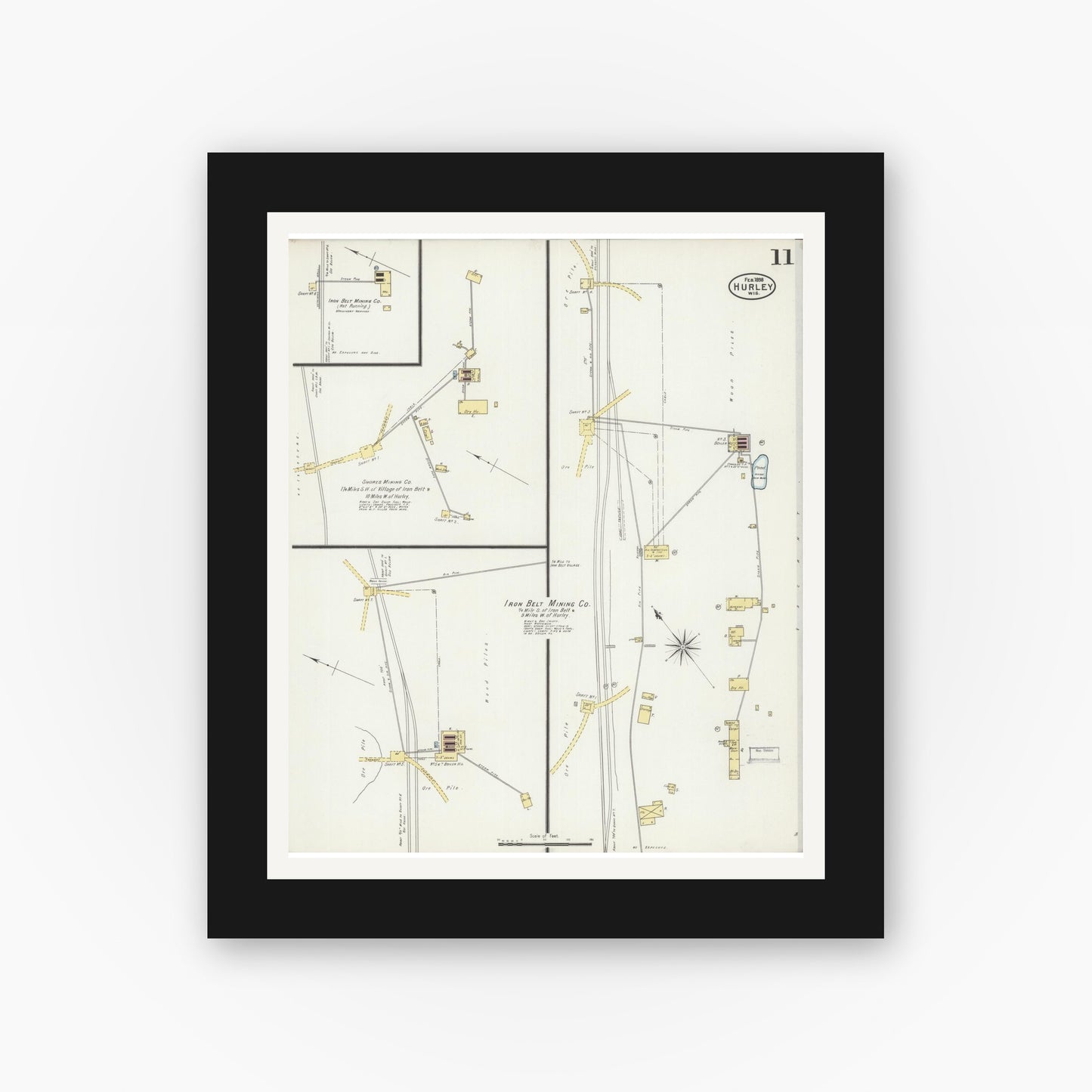 Old map wall art mockup — black gallery frame with white mat — Sanborn Fire Insurance Map from Hurley, Iron County, Wisconsin (1898), Sheet #0011