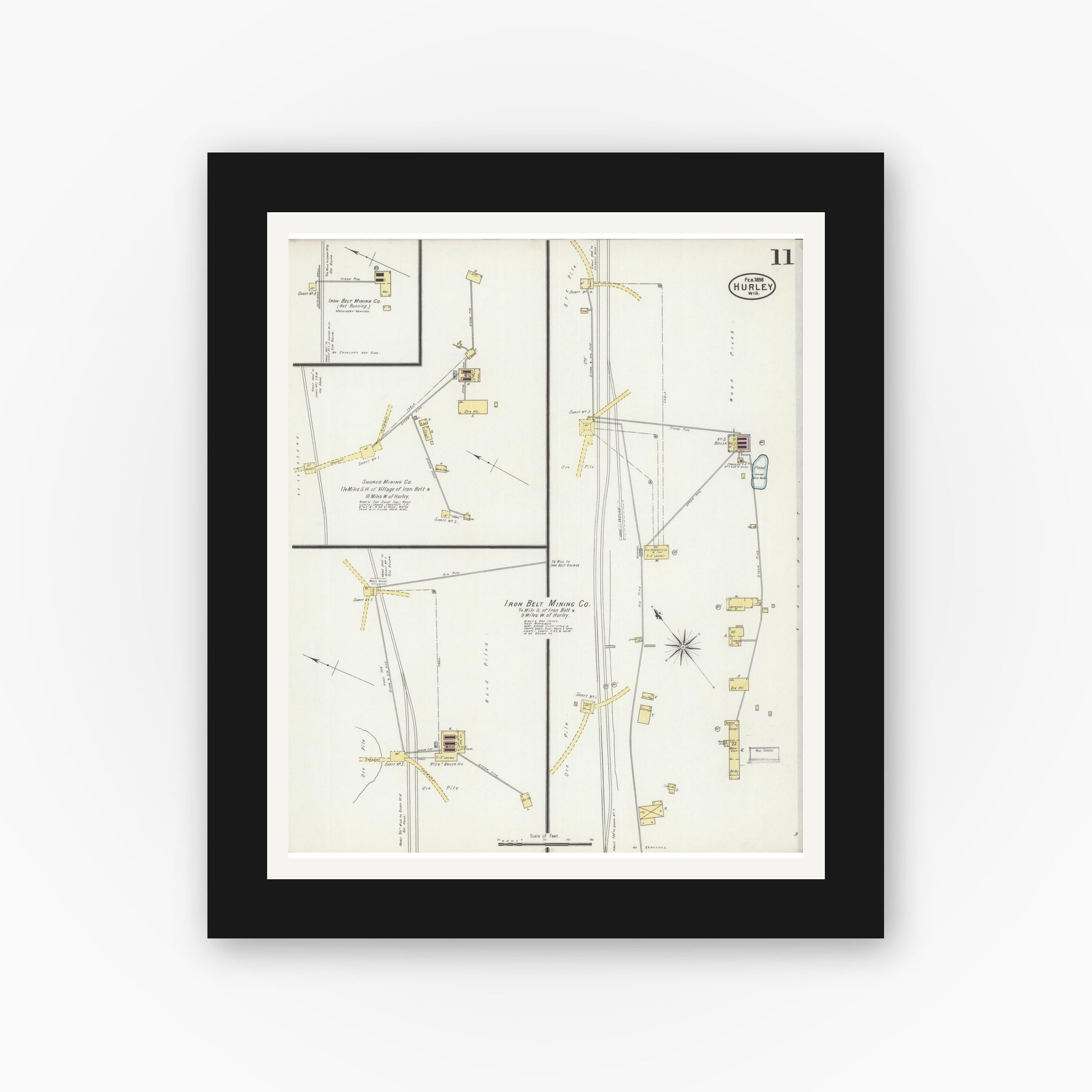 Old map wall art mockup — black gallery frame with white mat — Sanborn Fire Insurance Map from Hurley, Iron County, Wisconsin (1898), Sheet #0011