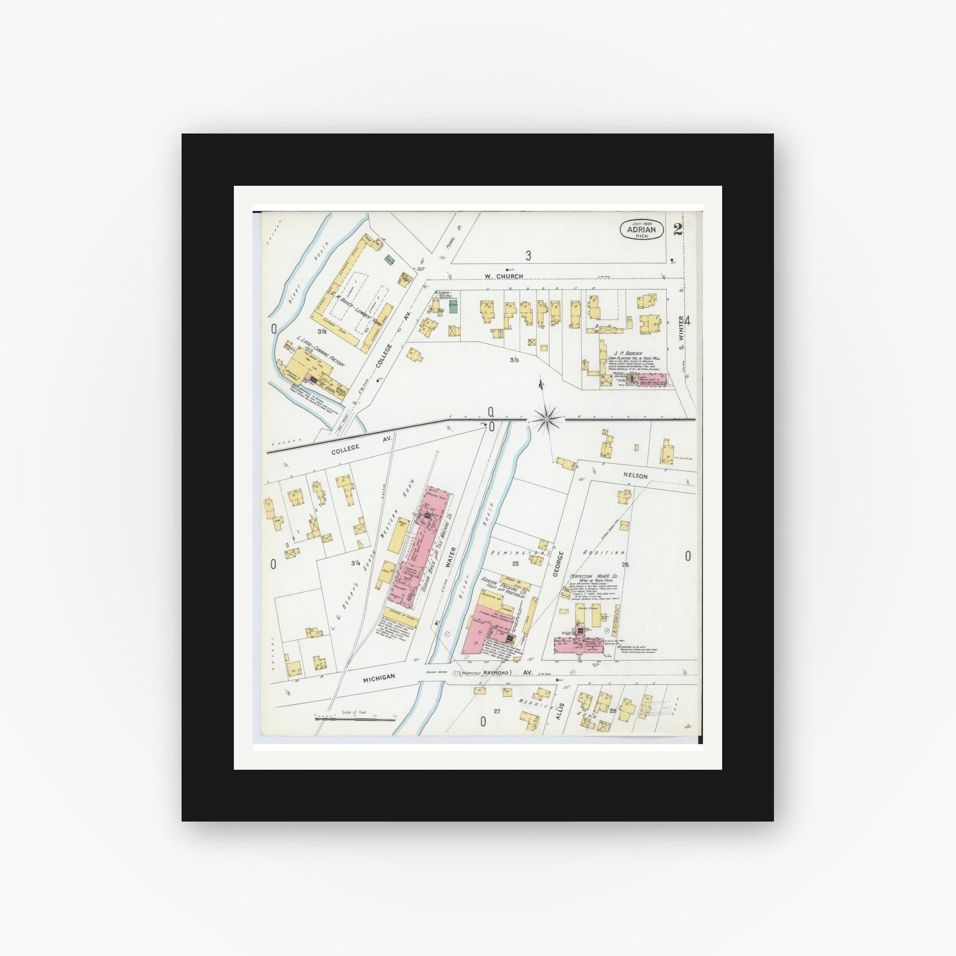 Old map wall art mockup — black gallery frame with white mat — Sanborn Fire Insurance Map from Adrian, Lenawee County, Michigan (1899), Sheet #0002