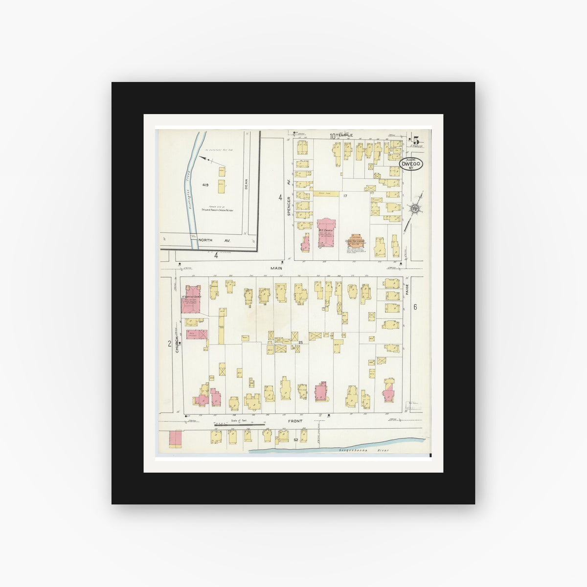 Old map wall art mockup — black gallery frame with white mat — Sanborn Fire Insurance Map from Owego, Tioga County, New York (1915), Sheet #0005
