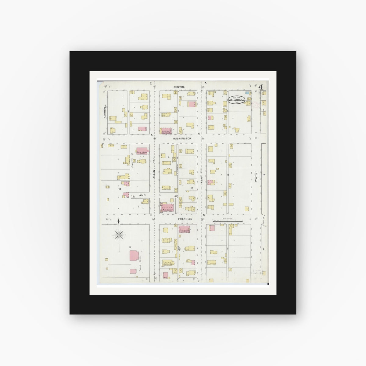 Old map wall art mockup — black gallery frame with white mat — Sanborn Fire Insurance Map from Mount Carroll, Carroll County, Illinois (1894), Sheet #0004