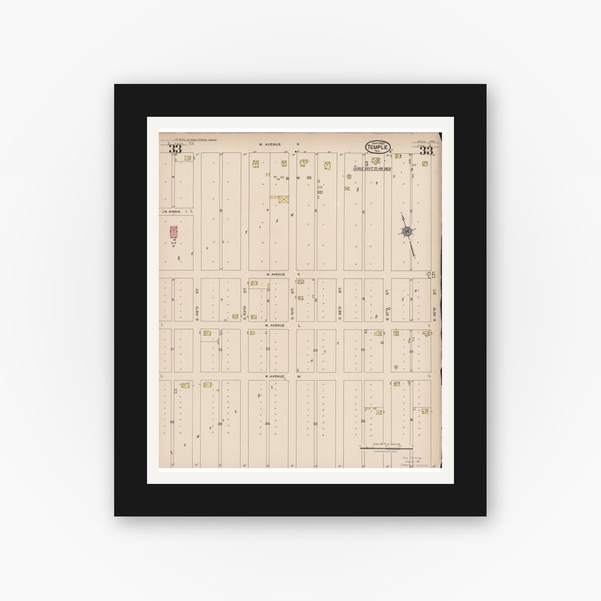 Old map wall art mockup — black gallery frame with white mat — Sanborn Fire Insurance Map from Temple, Bell County, Texas (1922), Sheet #0033